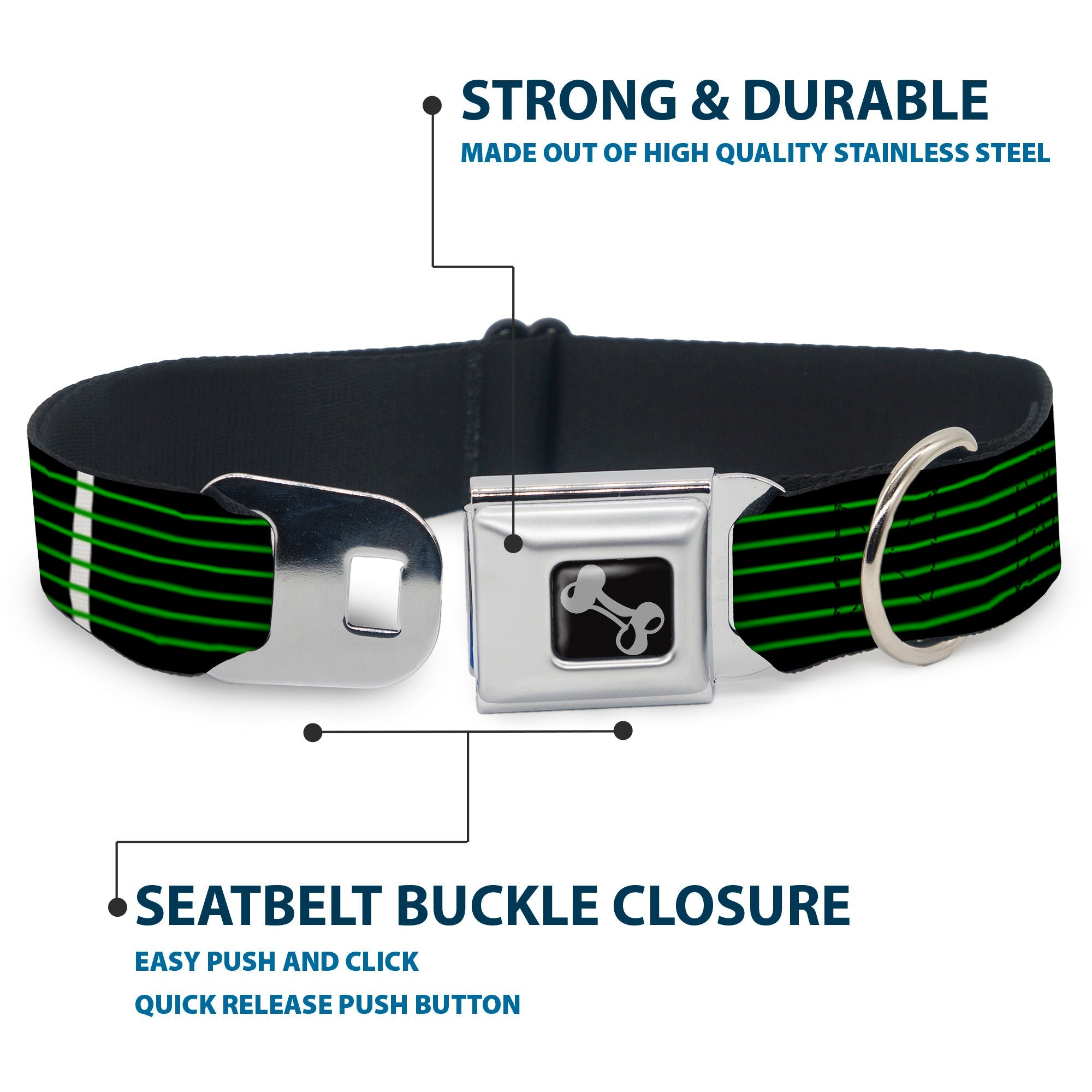 Dog Bone Seatbelt Buckle Collar - Guitar Neck Black/White/Lime Green
