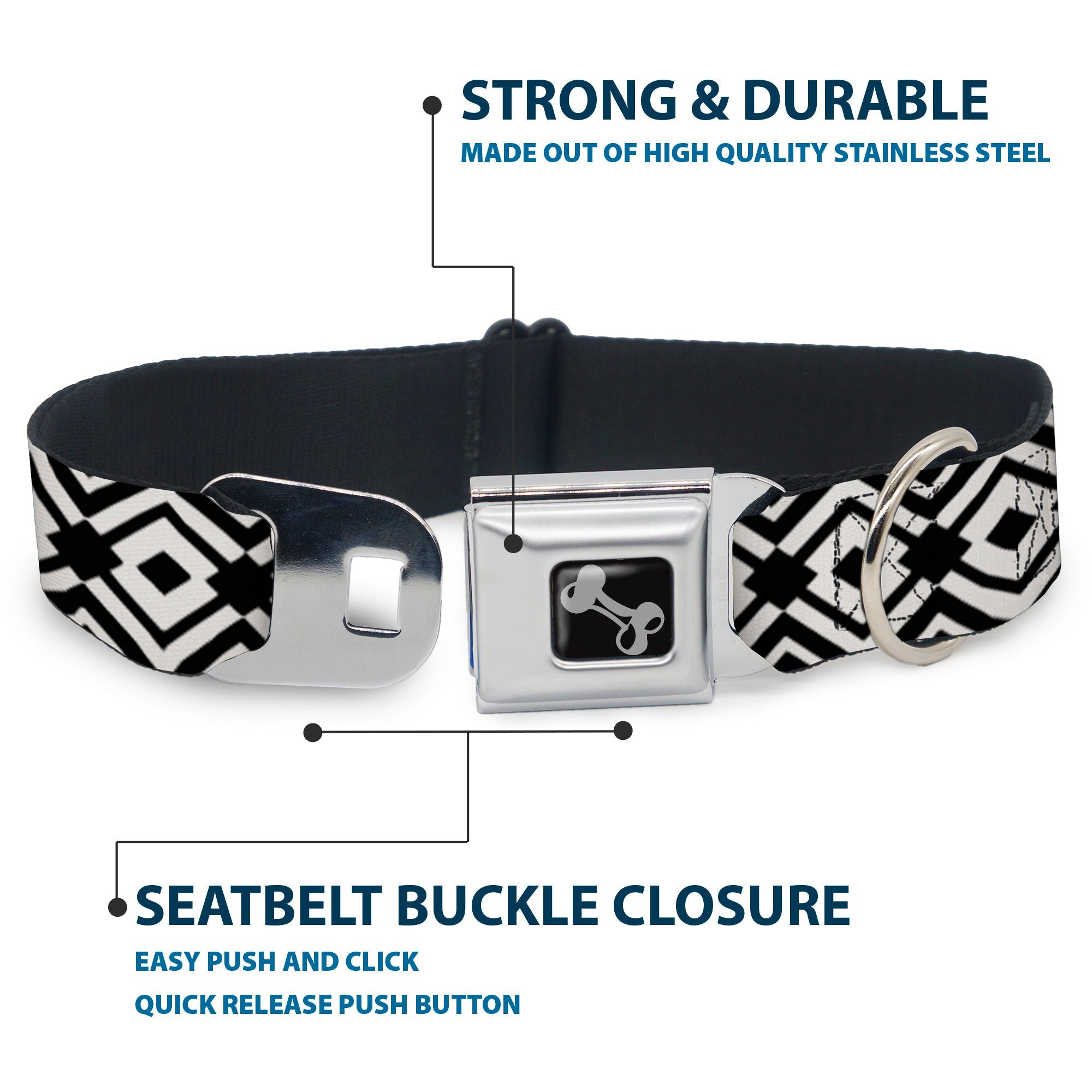 Dog Bone Seatbelt Buckle Collar - Geometric Diamond2 Black/White/Black