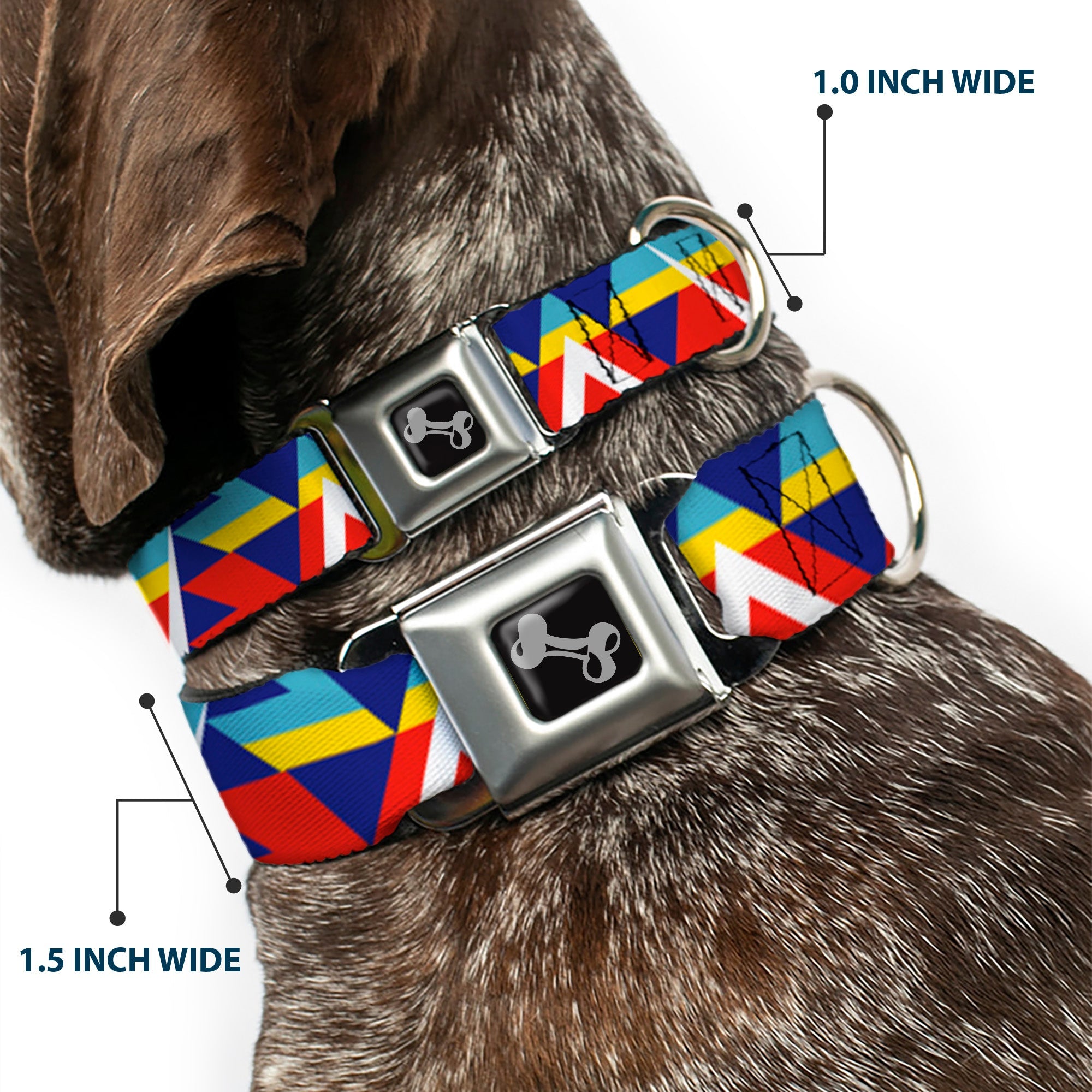 Dog Bone Seatbelt Buckle Collar - Geometric Triangles/Stripe Red/White/Blues/Yellow