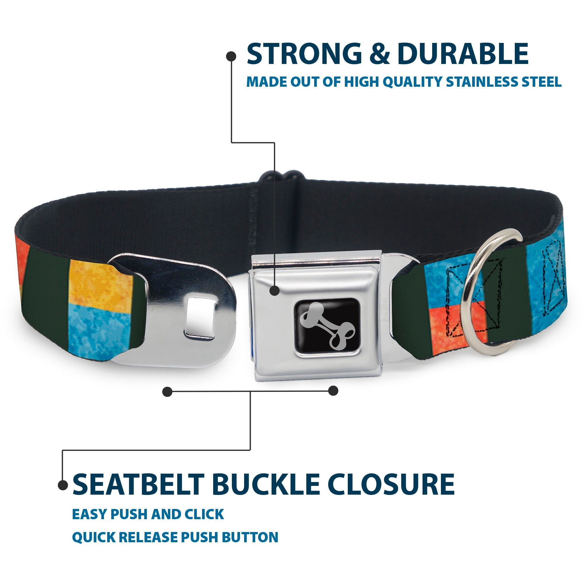 Dog Bone Seatbelt Buckle Collar - Geometric8 Charcoal/Orange/Gold/Blue