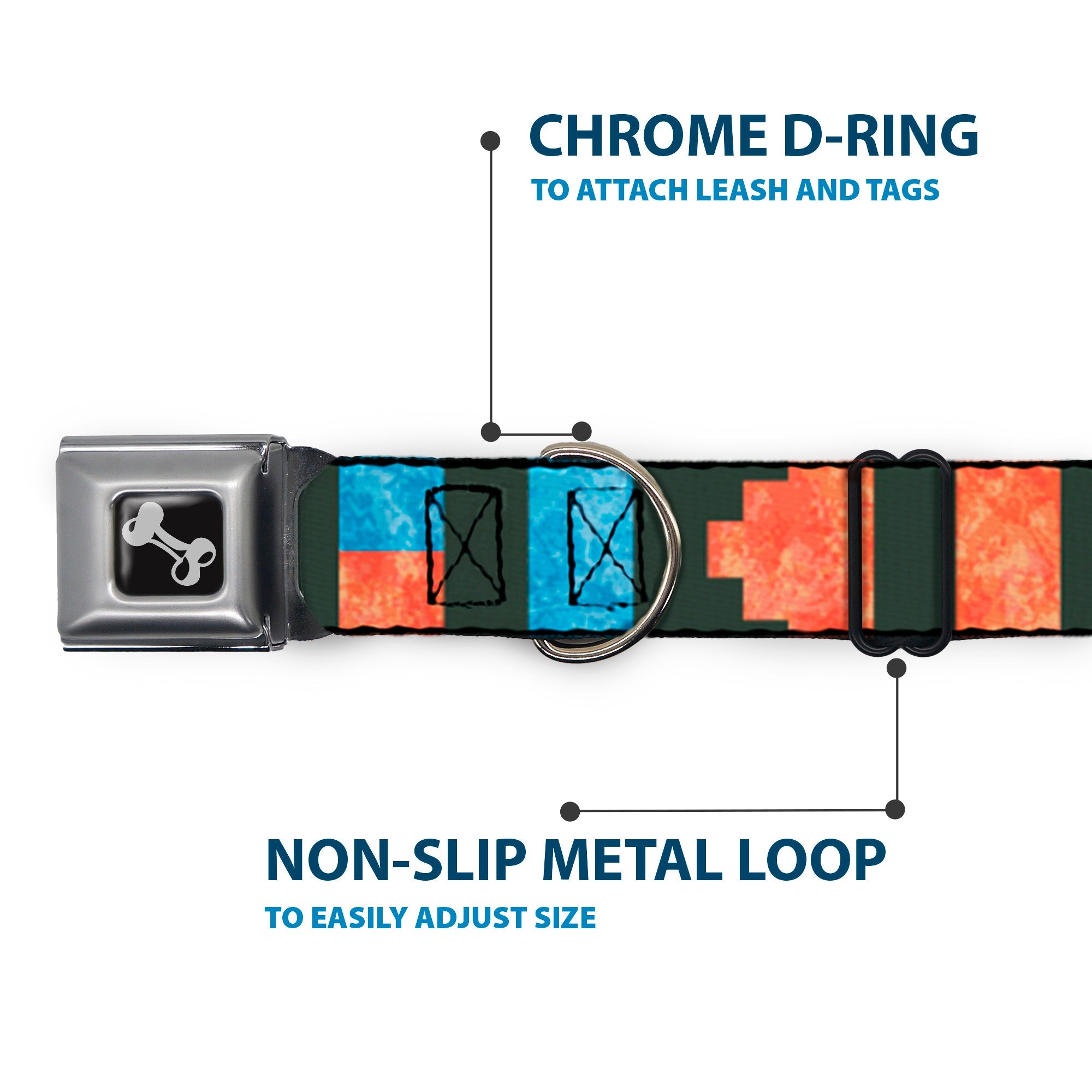 Dog Bone Seatbelt Buckle Collar - Geometric8 Charcoal/Orange/Gold/Blue