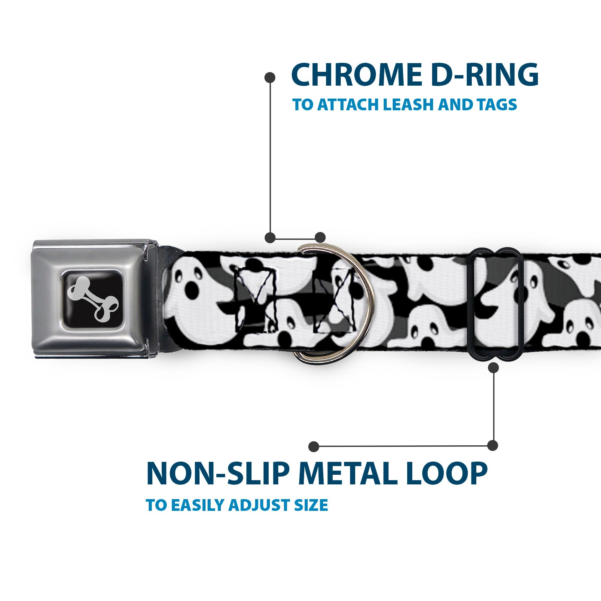 Dog Bone Seatbelt Buckle Collar - Ghosts Scattered Black/White