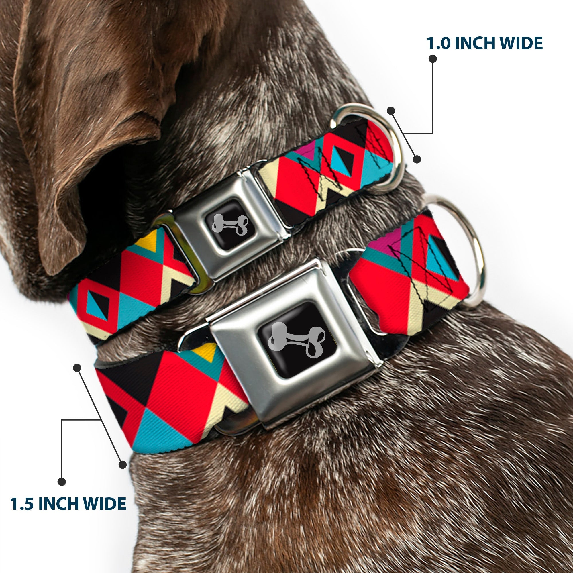Dog Bone Seatbelt Buckle Collar - Geometric9 Black/Red/Turquoise/Ivory