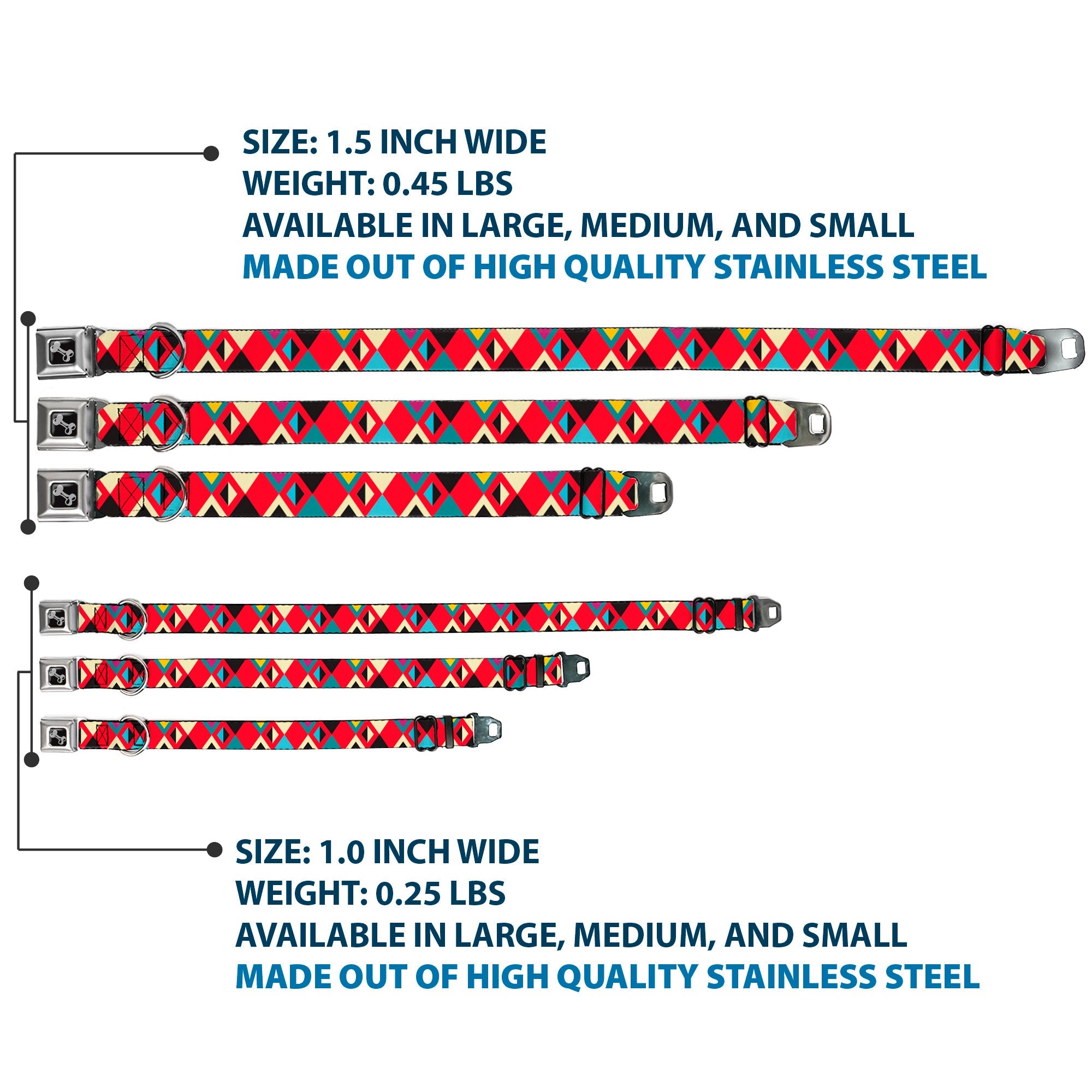 Dog Bone Seatbelt Buckle Collar - Geometric9 Black/Red/Turquoise/Ivory