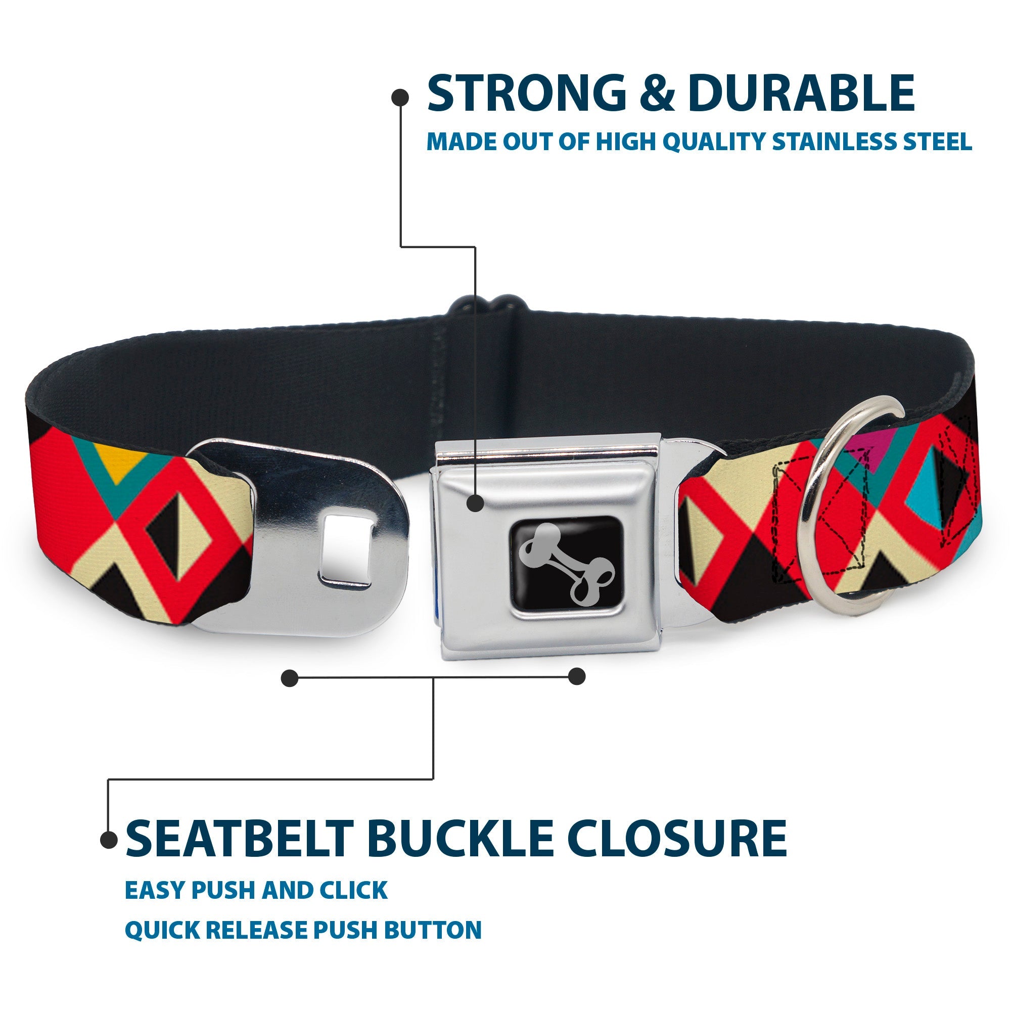 Dog Bone Seatbelt Buckle Collar - Geometric9 Black/Red/Turquoise/Ivory