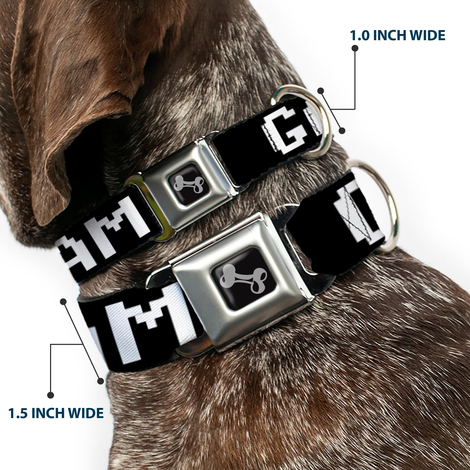 Dog Bone Seatbelt Buckle Collar - GAMER 1/Heart 8-Bit Black/White/Red