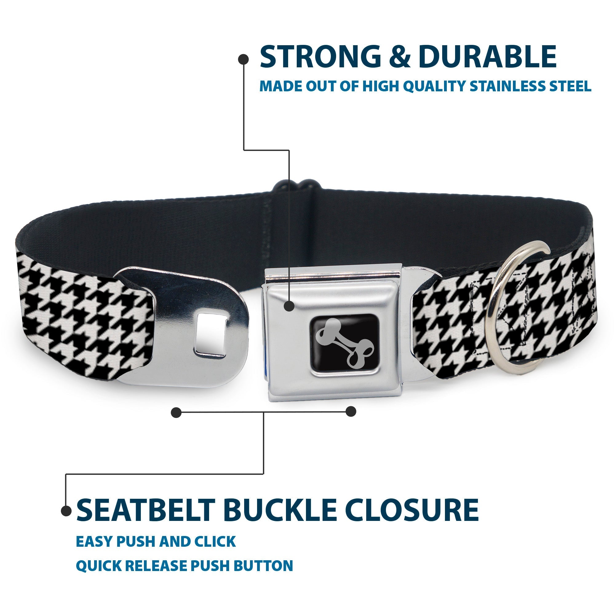 Dog Bone Seatbelt Buckle Collar - Houndstooth Black/White