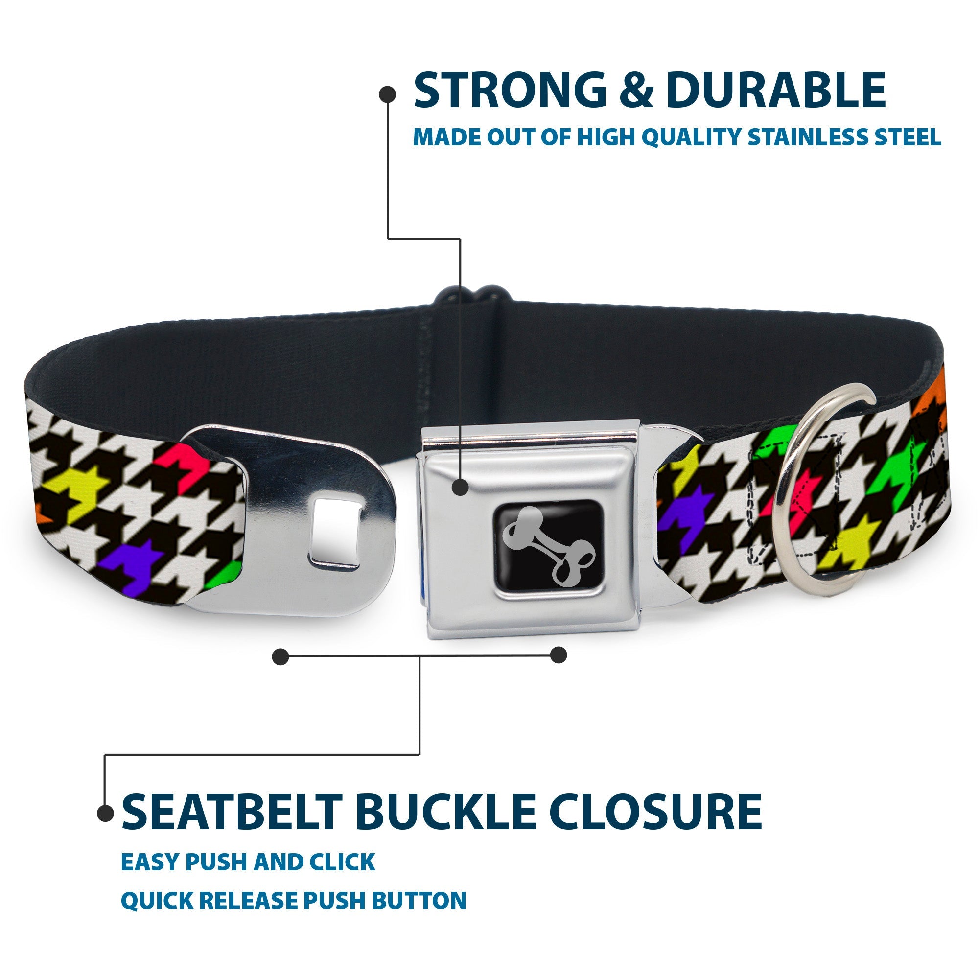 Dog Bone Seatbelt Buckle Collar - Houndstooth Black/White/Multi Neon