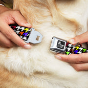 Dog Bone Seatbelt Buckle Collar - Houndstooth Black/White/Multi Neon