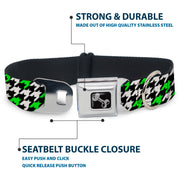 Dog Bone Seatbelt Buckle Collar - Houndstooth Black/White/Neon Green
