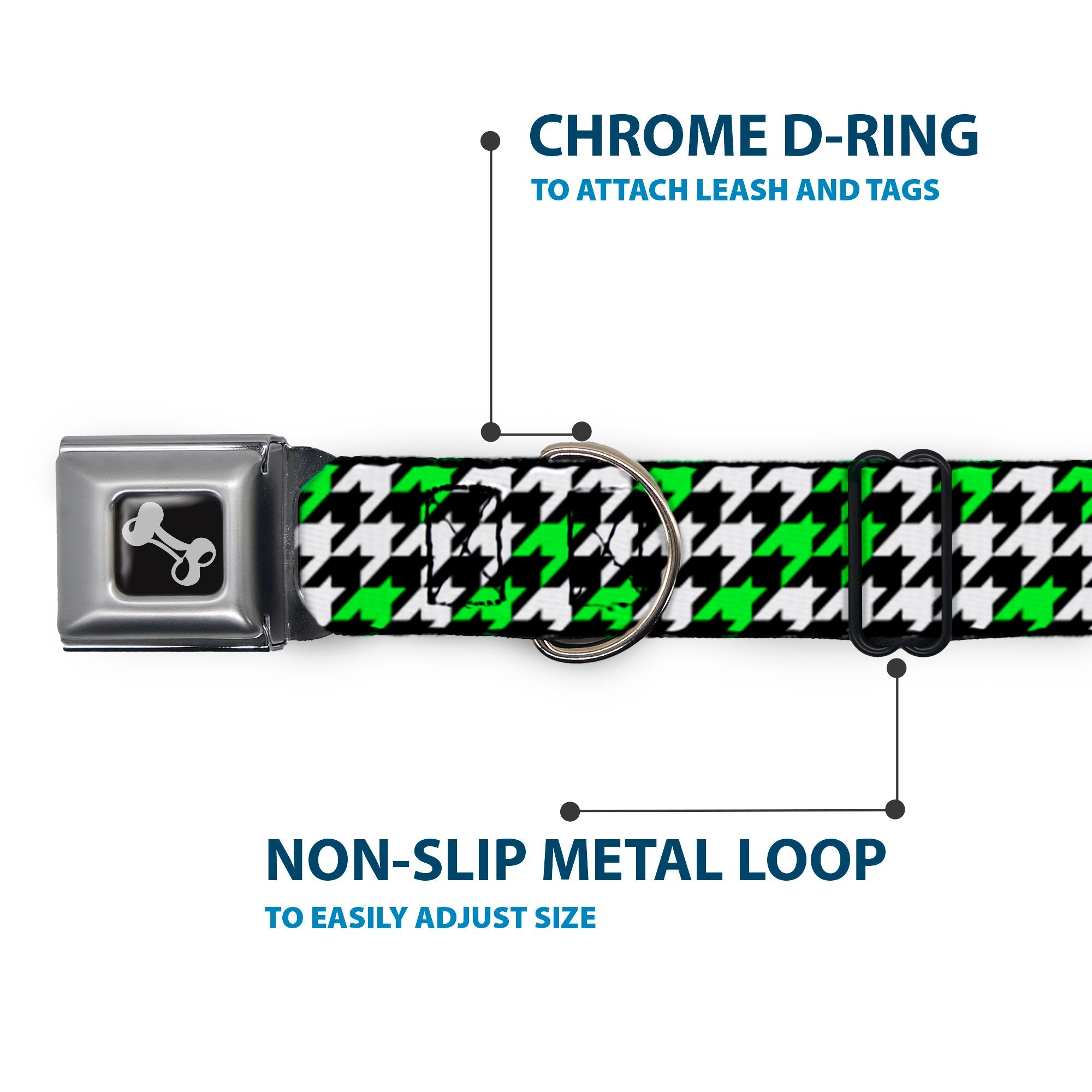 Dog Bone Seatbelt Buckle Collar - Houndstooth Black/White/Neon Green