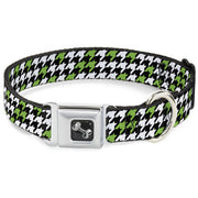 Dog Bone Seatbelt Buckle Collar - Houndstooth Black/White/Neon Green