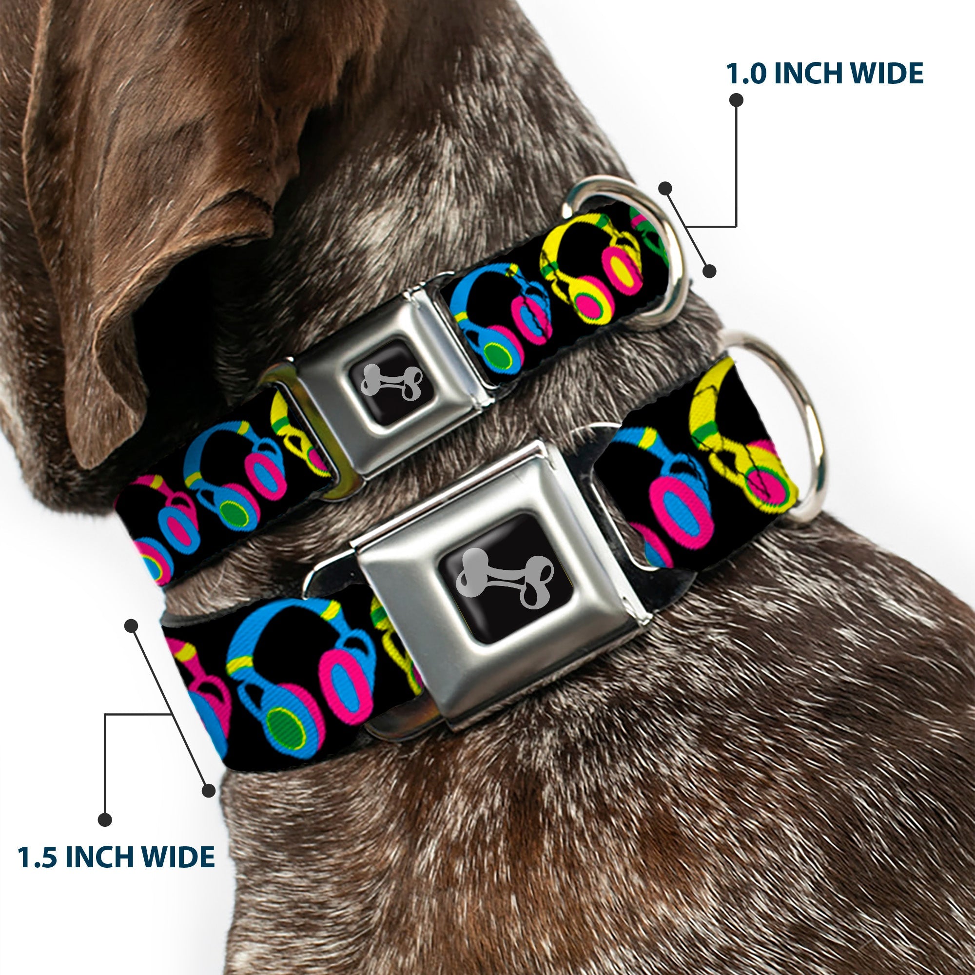 Dog Bone Seatbelt Buckle Collar - Headphones Black/Neon