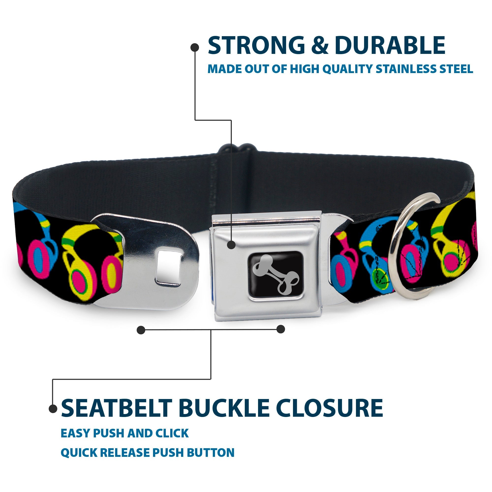 Dog Bone Seatbelt Buckle Collar - Headphones Black/Neon