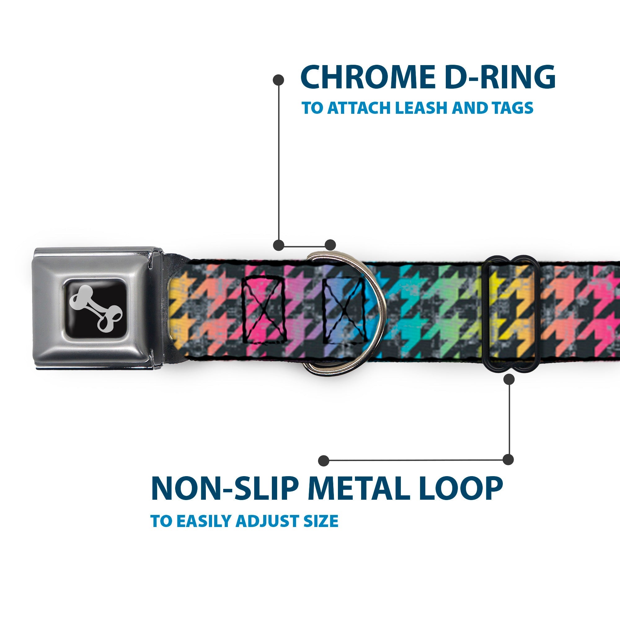 Dog Bone Seatbelt Buckle Collar - Houndstooth Black/Rainbow