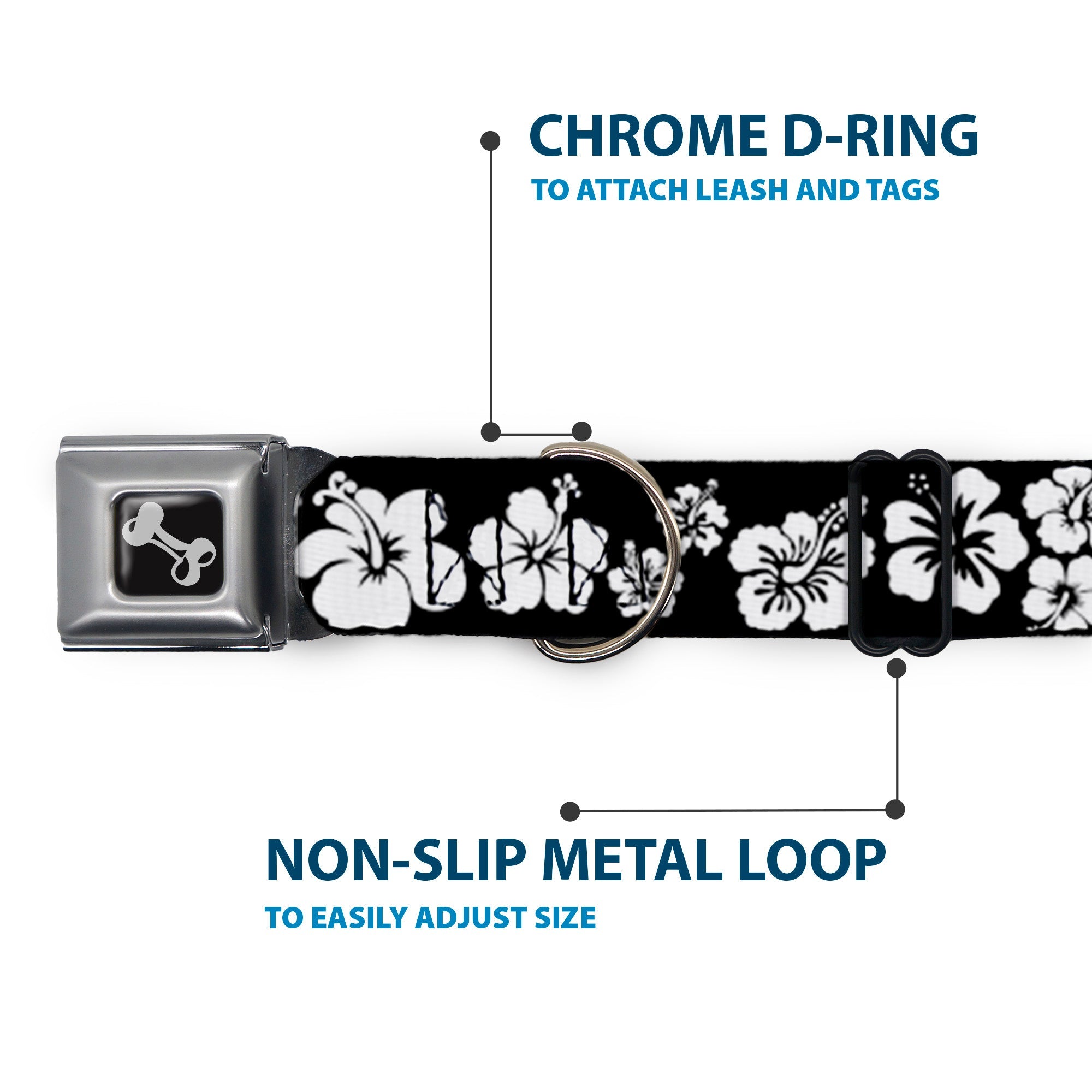 Dog Bone Seatbelt Buckle Collar - Hibiscus Black/White