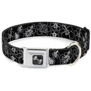 Dog Bone Seatbelt Buckle Collar - Hibiscus Outline Black/White