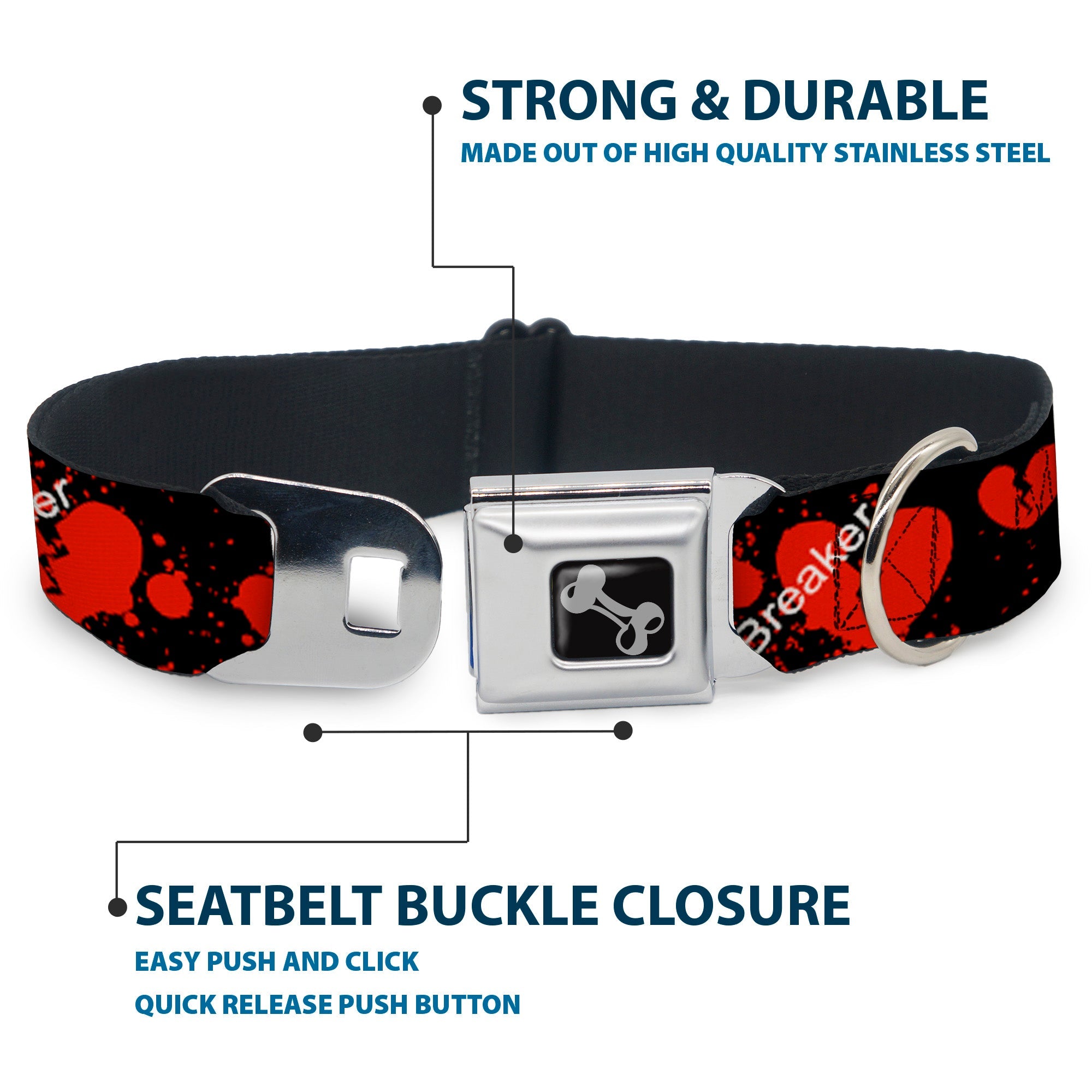Dog Bone Seatbelt Buckle Collar - Heart Breaker Black/White/Red