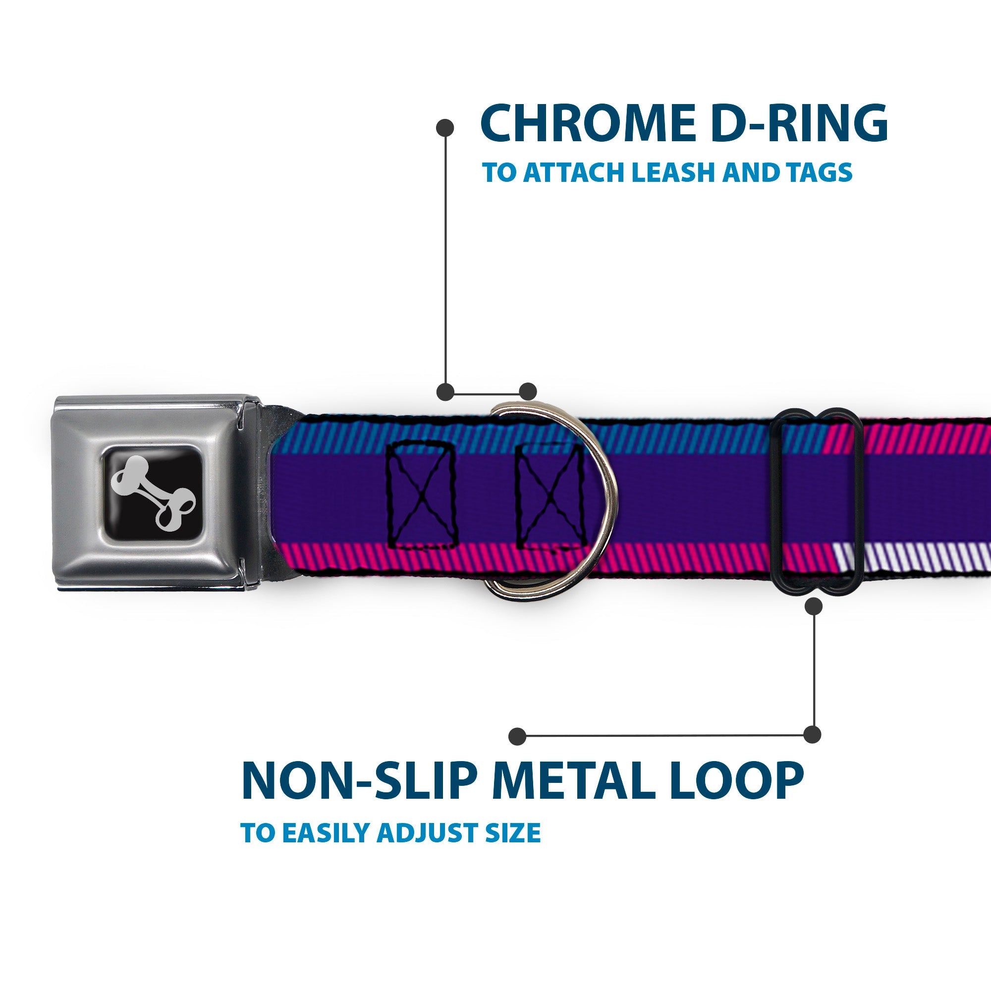 Dog Bone Seatbelt Buckle Collar - Hash Mark Stripe Navy/Turquoise/Fuchsia/White