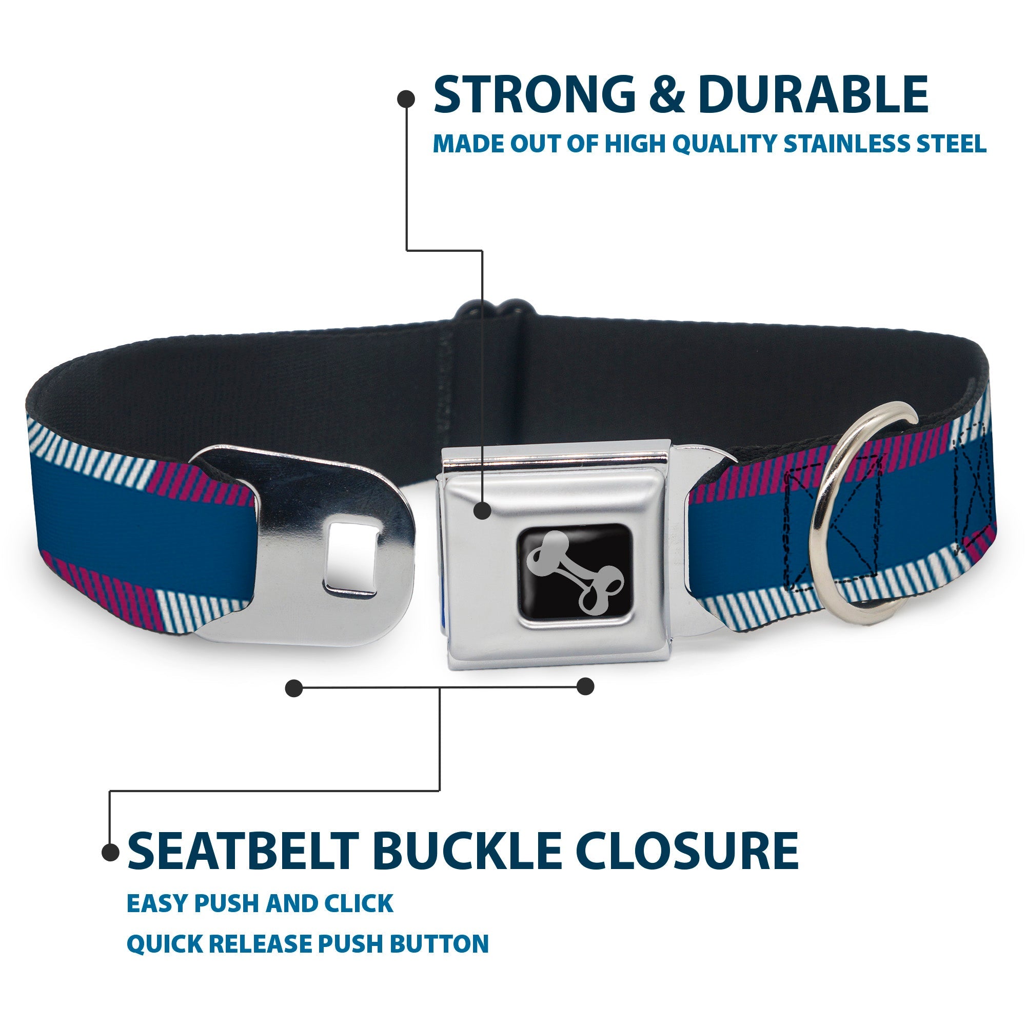 Dog Bone Seatbelt Buckle Collar - Hash Mark Stripe Turquoise/Fuchsia/White