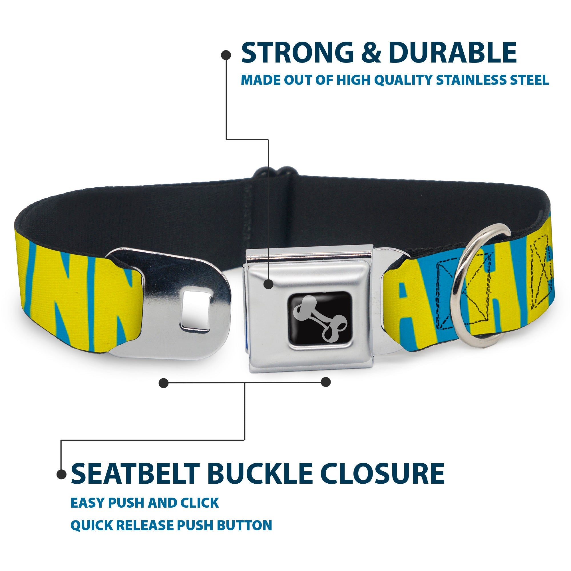 Dog Bone Seatbelt Buckle Collar - HATERS GONNA HATE Turquoise/Yellow