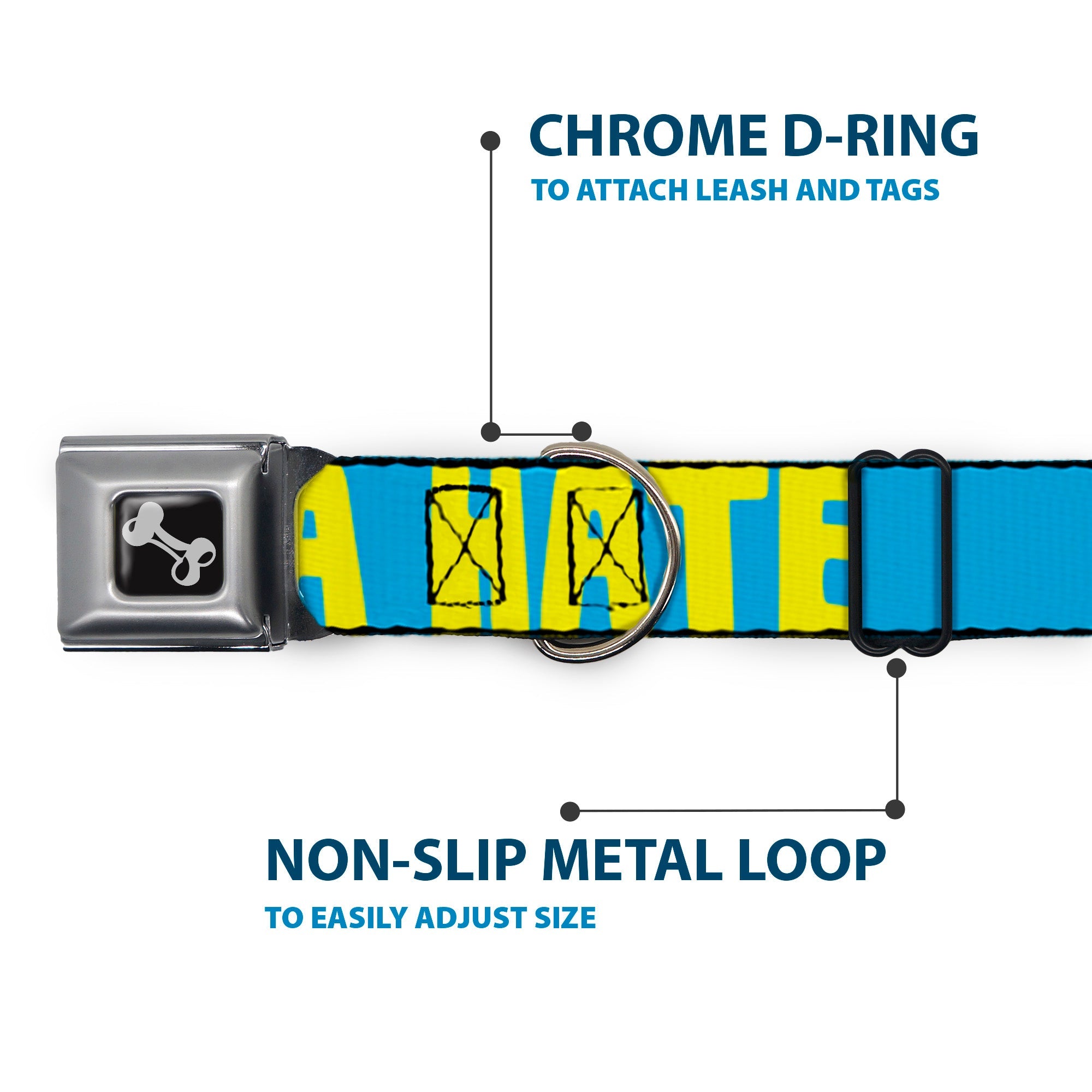 Dog Bone Seatbelt Buckle Collar - HATERS GONNA HATE Turquoise/Yellow