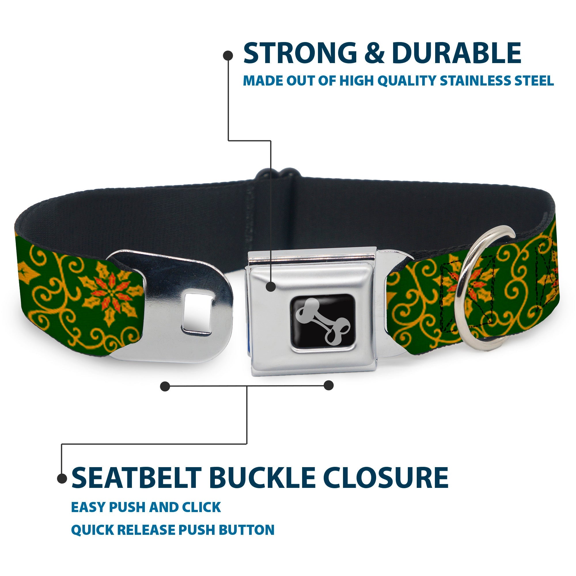 Dog Bone Seatbelt Buckle Collar - Holiday Holly Green/Gold/Red