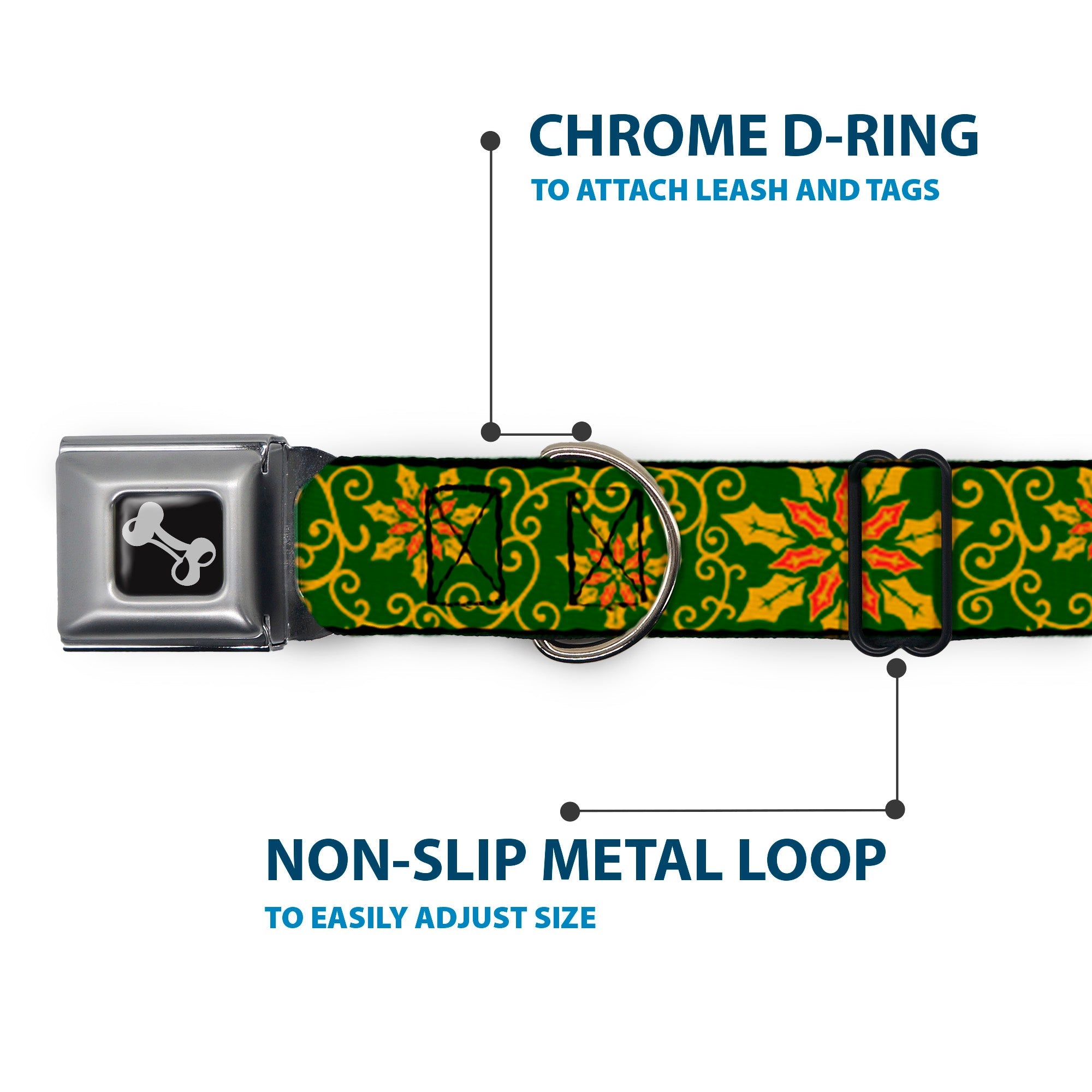 Dog Bone Seatbelt Buckle Collar - Holiday Holly Green/Gold/Red
