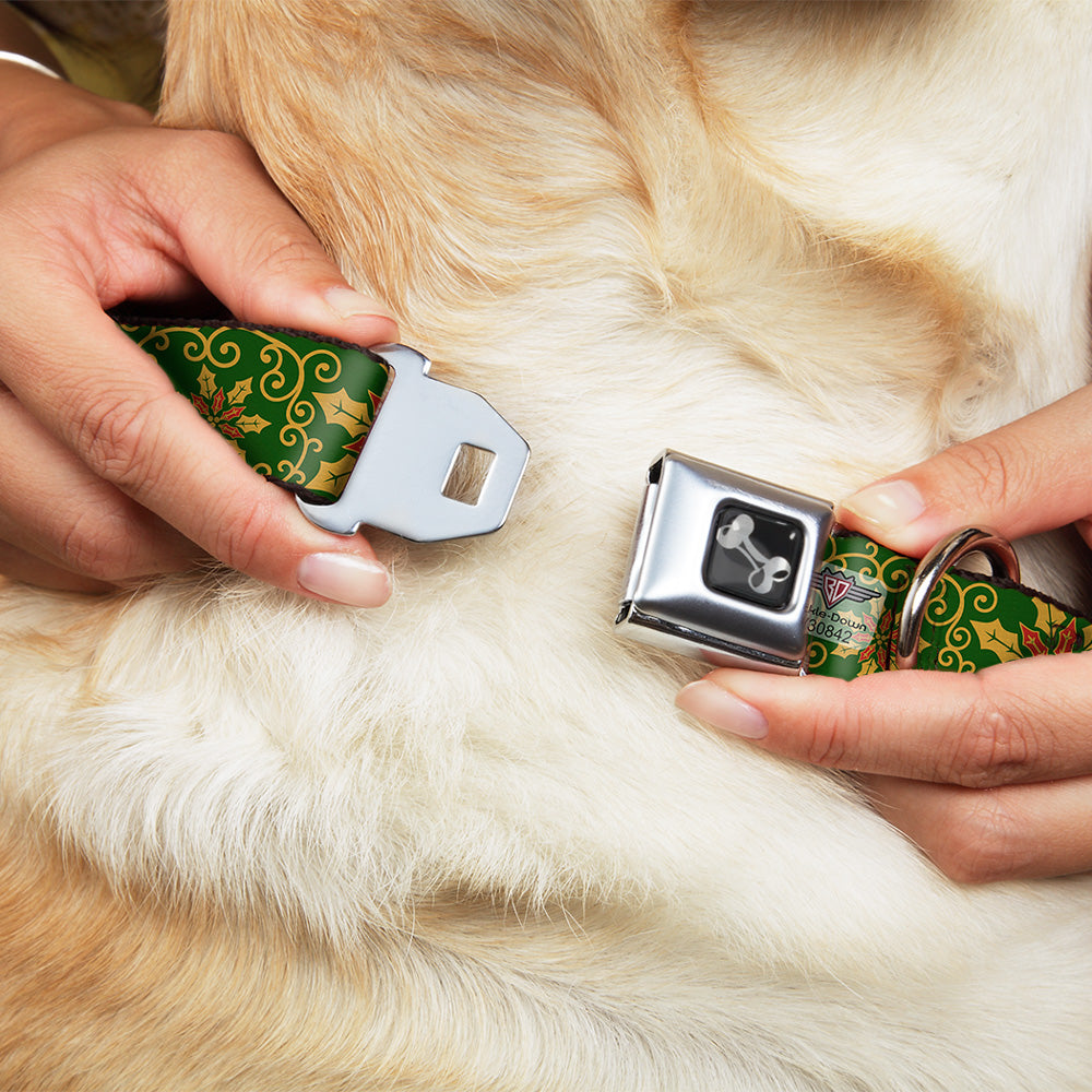 Dog Bone Seatbelt Buckle Collar - Holiday Holly Green/Gold/Red