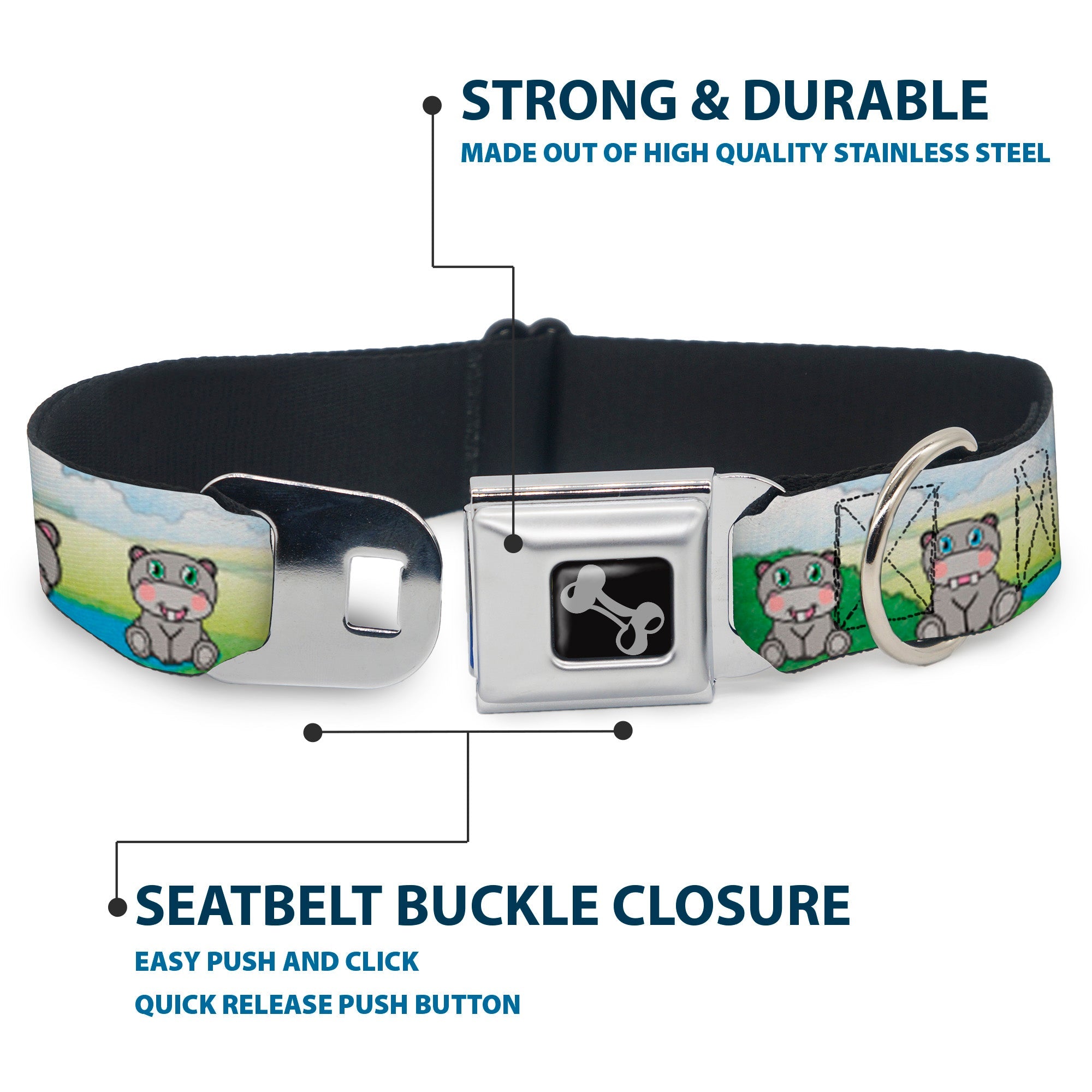 Dog Bone Seatbelt Buckle Collar - Hippo Cartoon