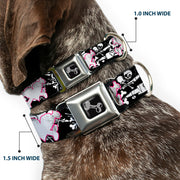 Dog Bone Seatbelt Buckle Collar - Heart & Cross Bones w/Skulls & Splatter Black/White