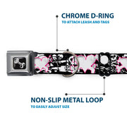 Dog Bone Seatbelt Buckle Collar - Heart & Cross Bones w/Skulls & Splatter Black/White