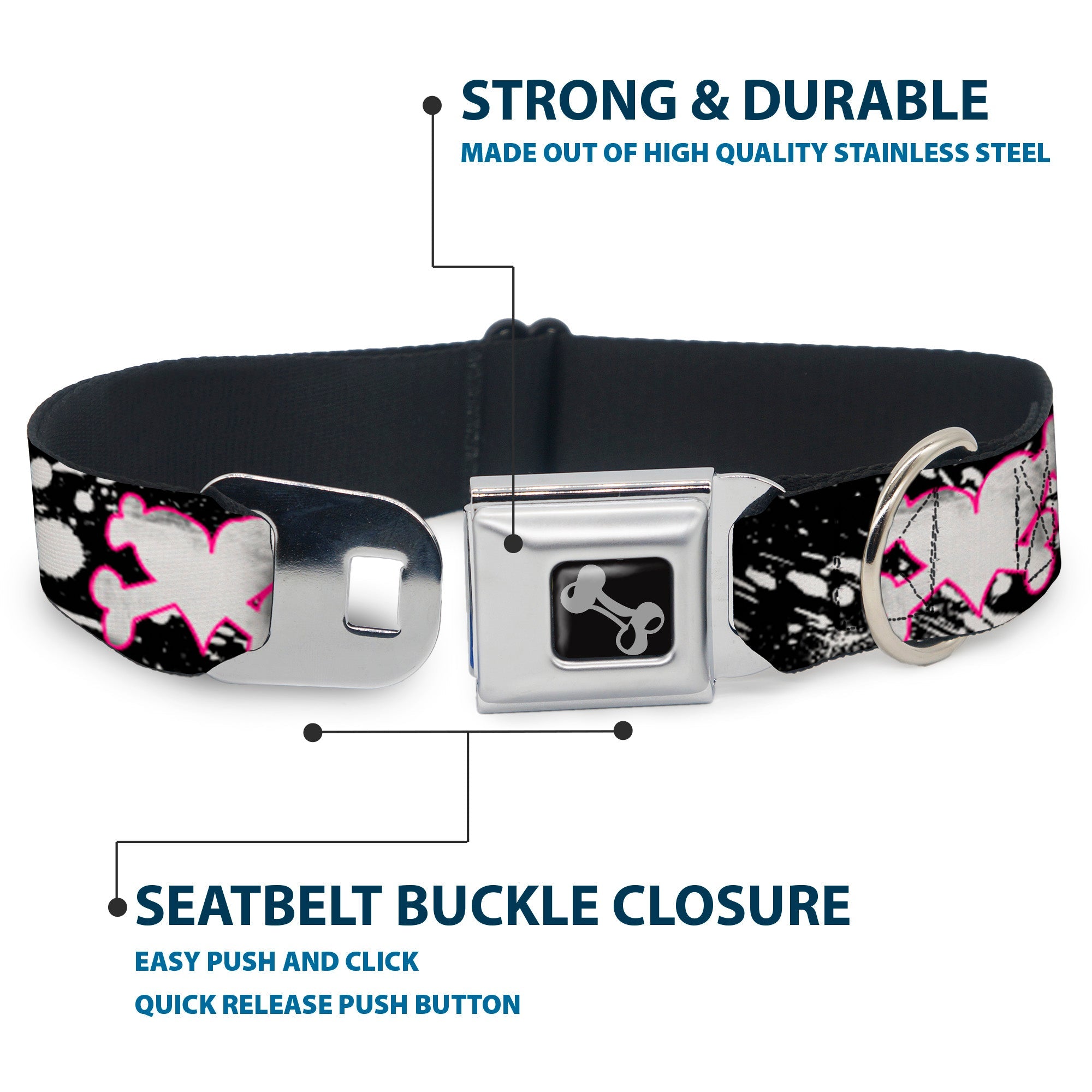 Dog Bone Seatbelt Buckle Collar - Heart & Cross Bones w/Splatter Black/White