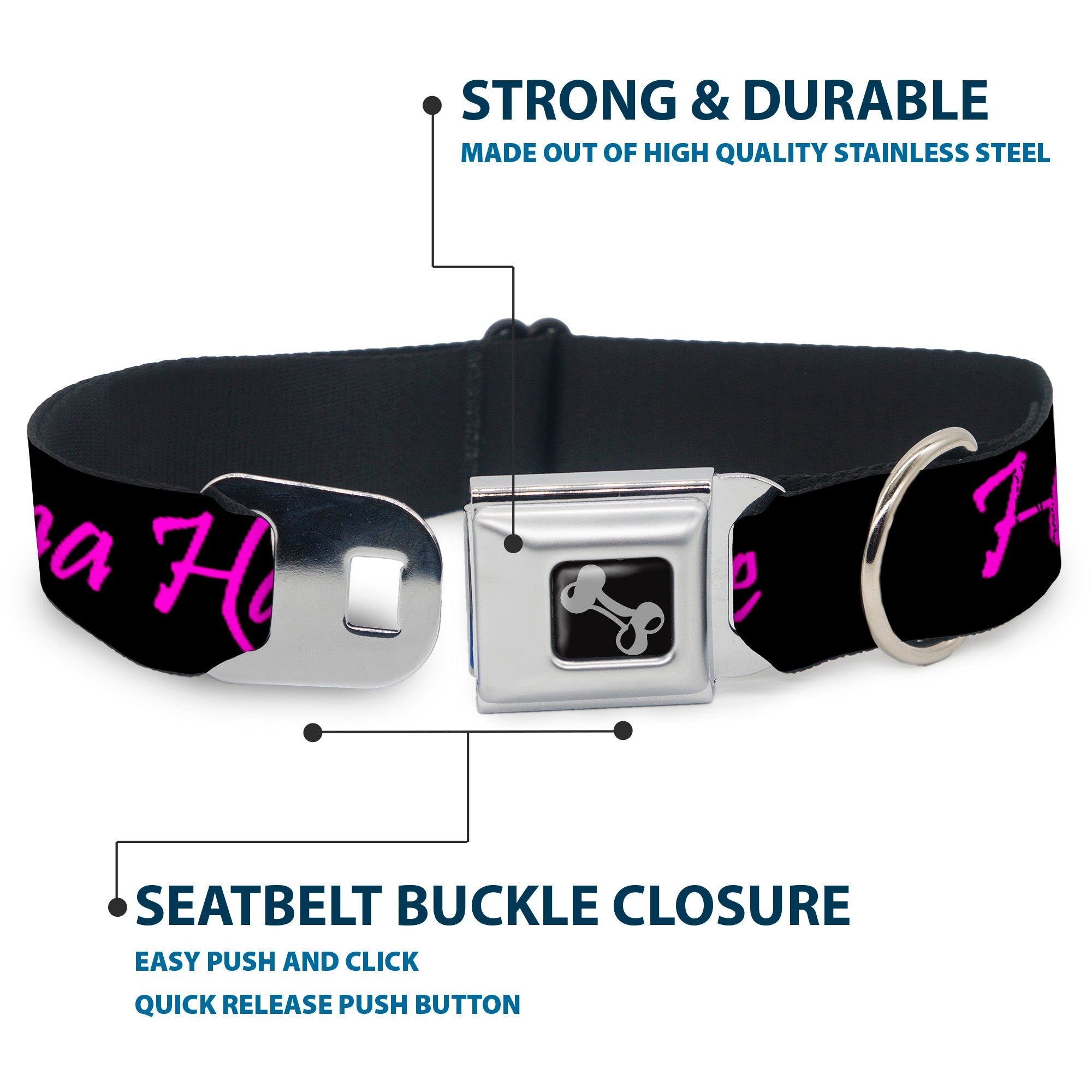 Dog Bone Seatbelt Buckle Collar - Haters Gonna Hate w/Gem Black/Fuchsia
