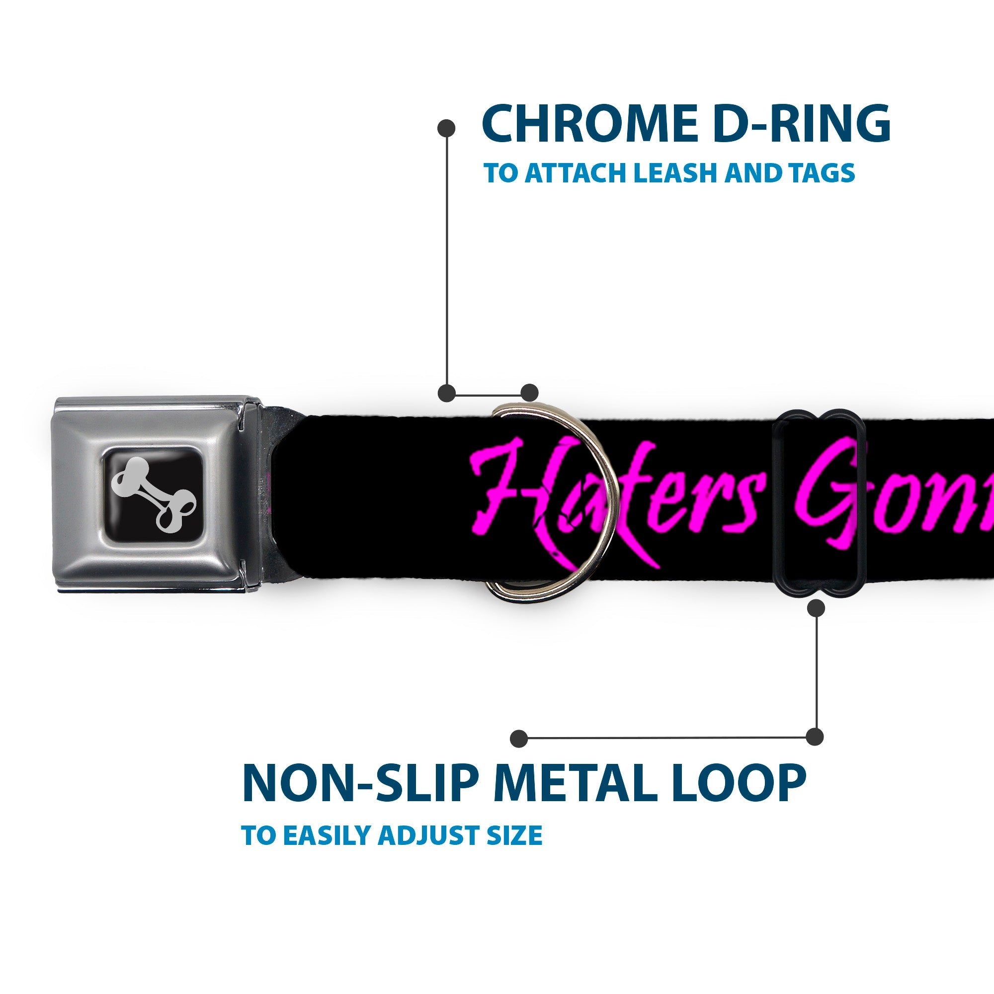 Dog Bone Seatbelt Buckle Collar - Haters Gonna Hate w/Gem Black/Fuchsia