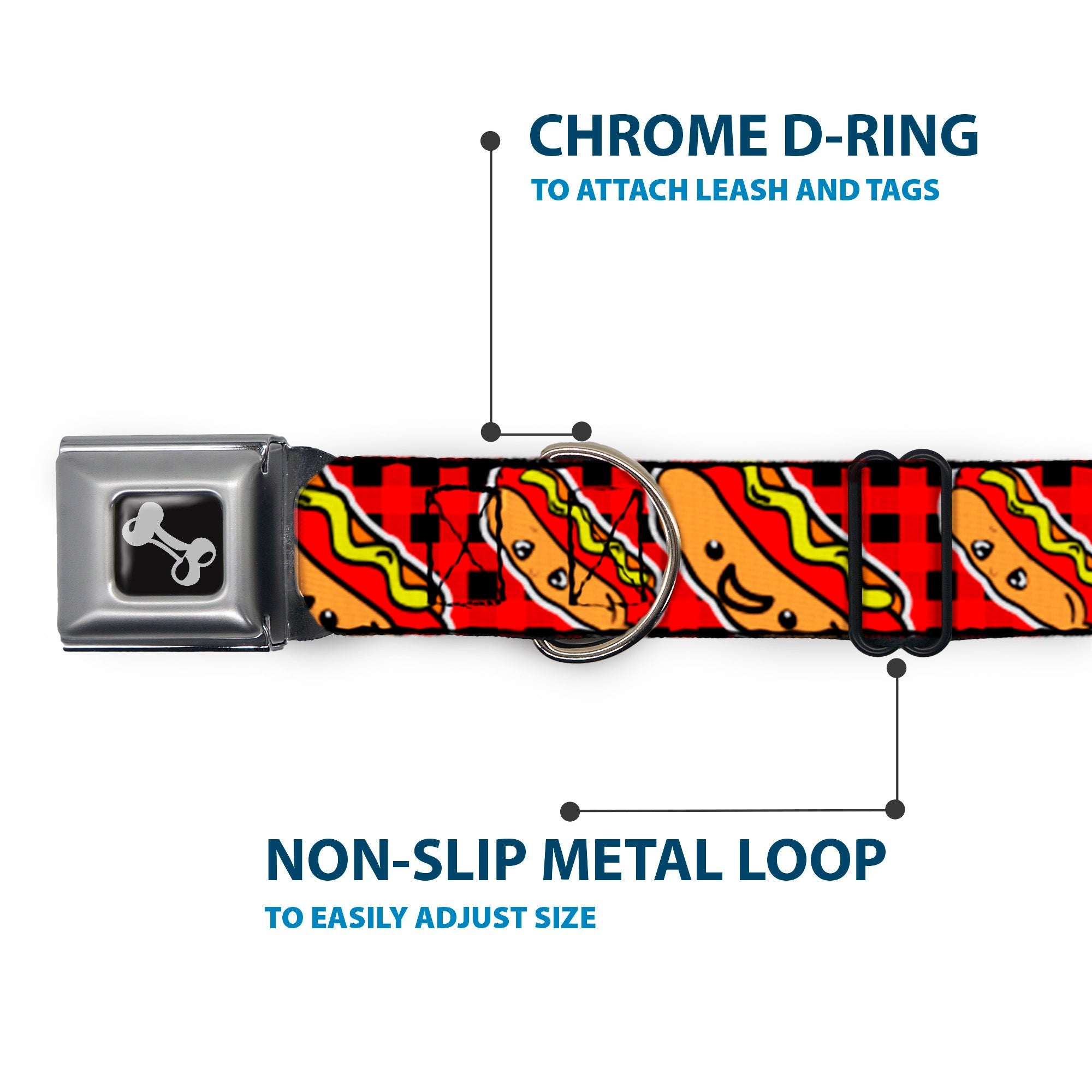 Dog Bone Seatbelt Buckle Collar - Hot Dogs/Buffalo Plaid Black/Red