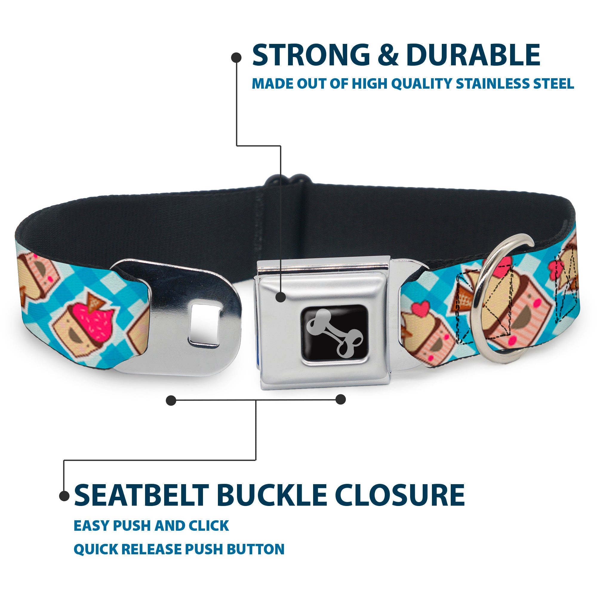 Dog Bone Seatbelt Buckle Collar - Happy Cupcakes Buffalo Plaid White/Blue