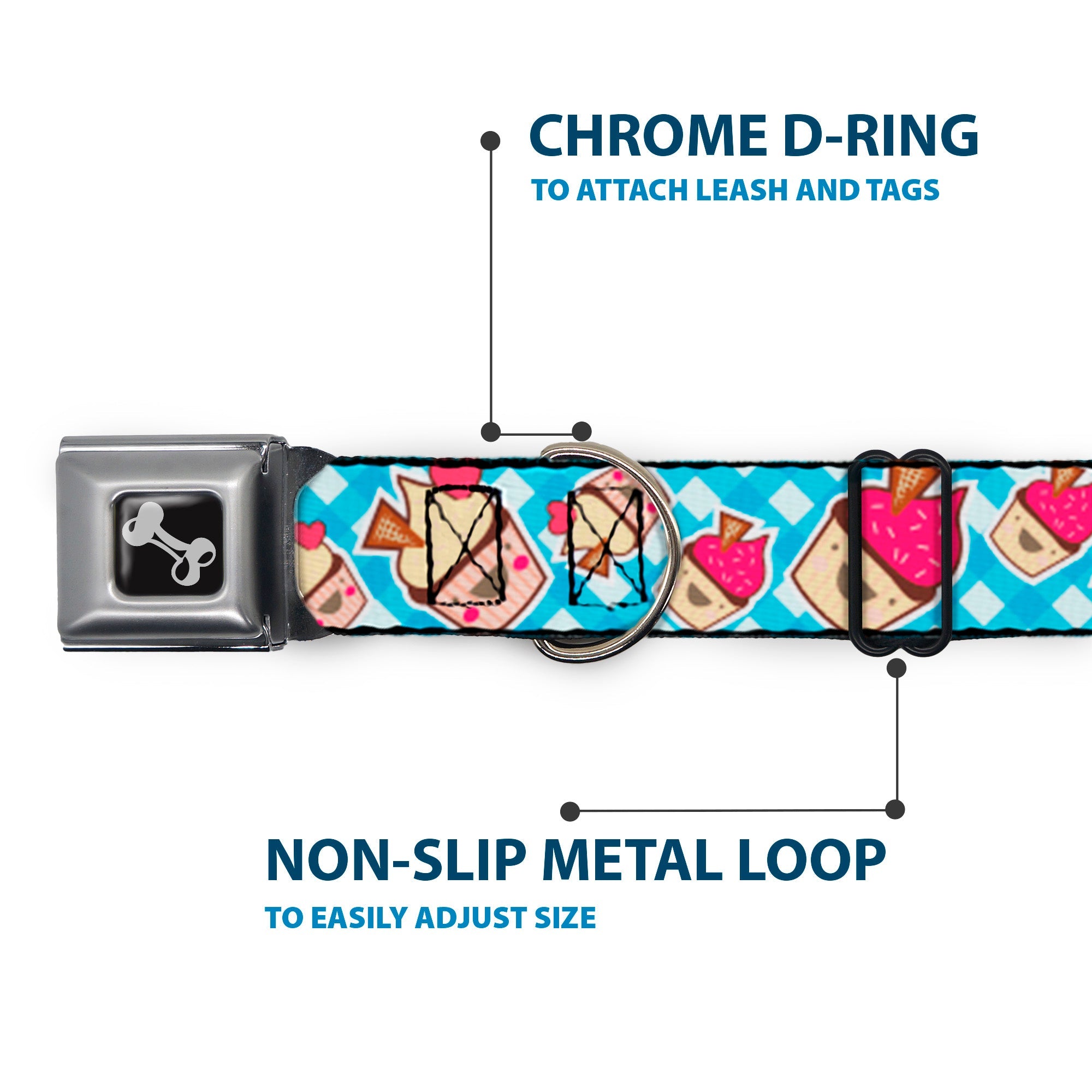Dog Bone Seatbelt Buckle Collar - Happy Cupcakes Buffalo Plaid White/Blue