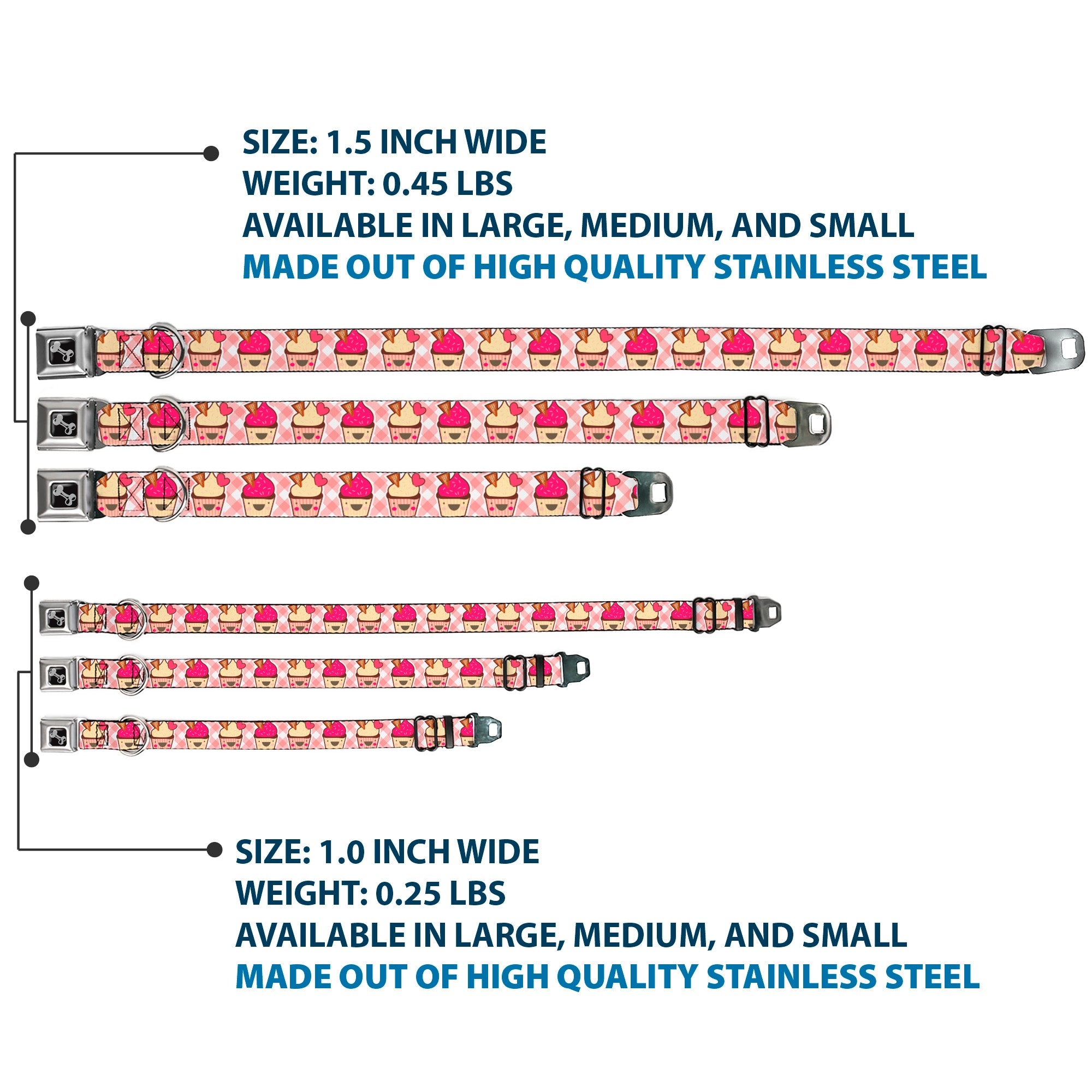 Dog Bone Seatbelt Buckle Collar - Happy Cupcakes Buffalo Plaid White/Pink