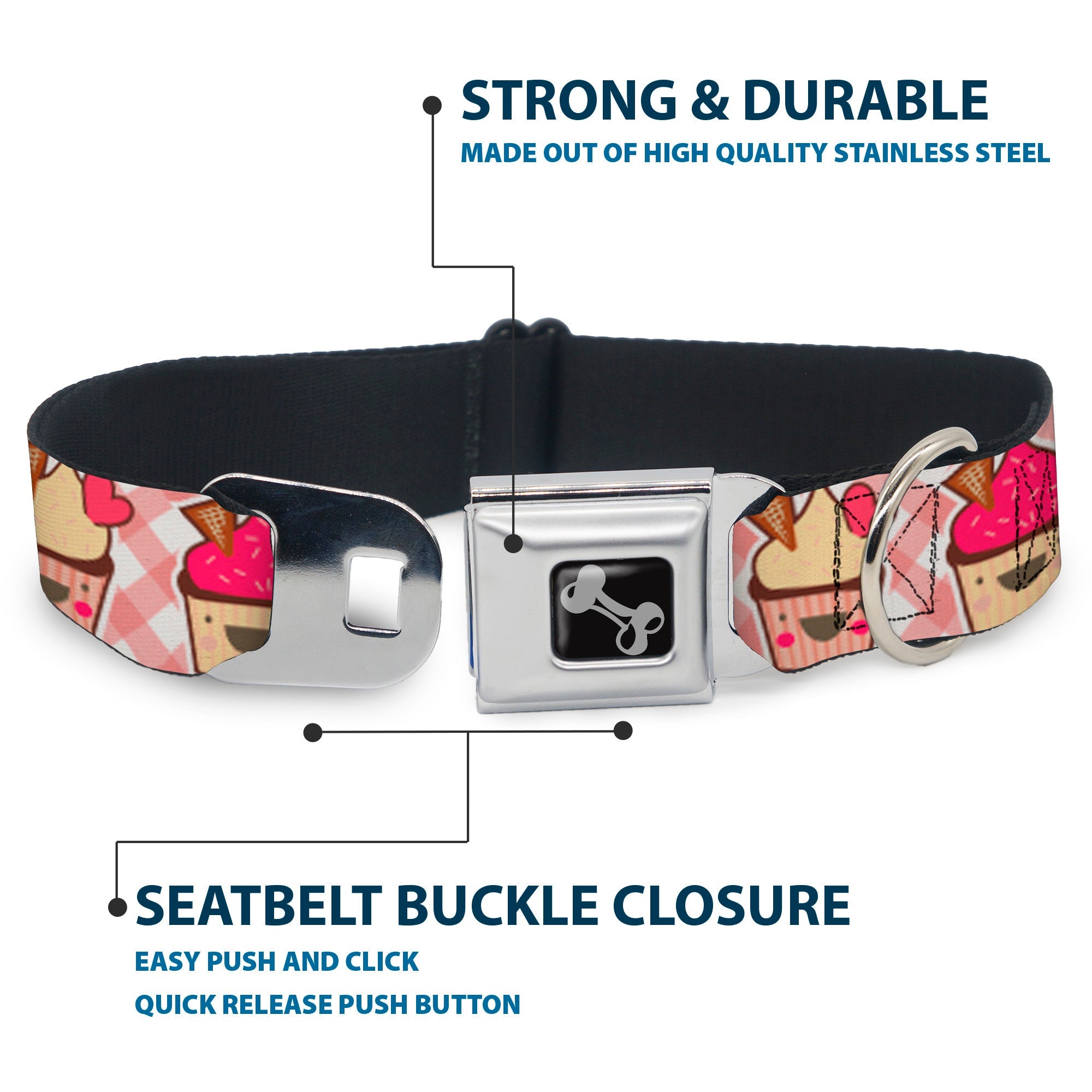 Dog Bone Seatbelt Buckle Collar - Happy Cupcakes Buffalo Plaid White/Pink