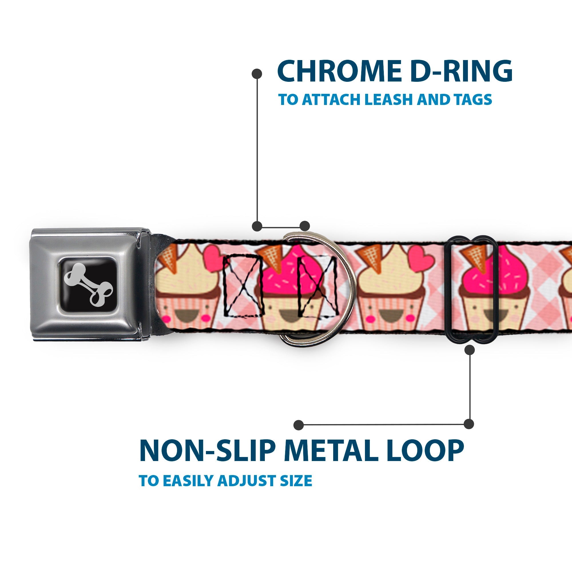 Dog Bone Seatbelt Buckle Collar - Happy Cupcakes Buffalo Plaid White/Pink
