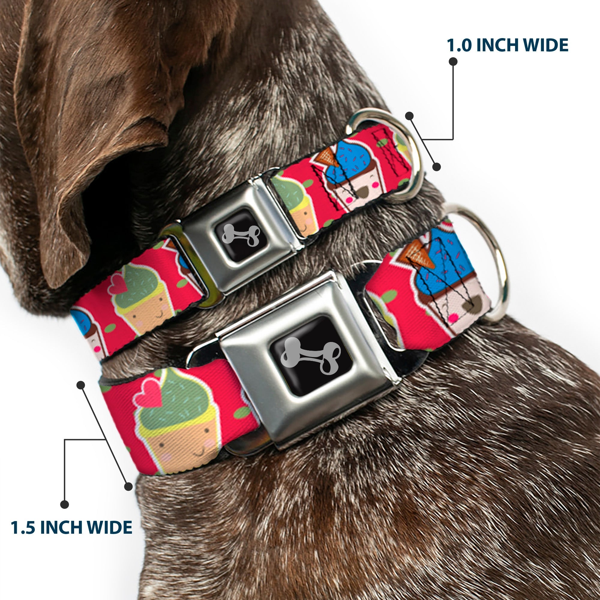 Dog Bone Seatbelt Buckle Collar - Happy Cupcakes/Dots Pink/Green