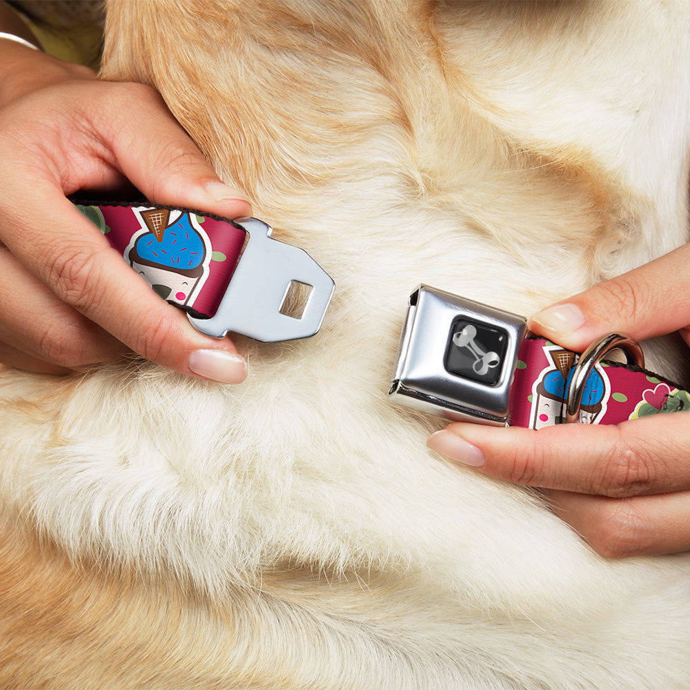 Dog Bone Seatbelt Buckle Collar - Happy Cupcakes/Dots Pink/Green