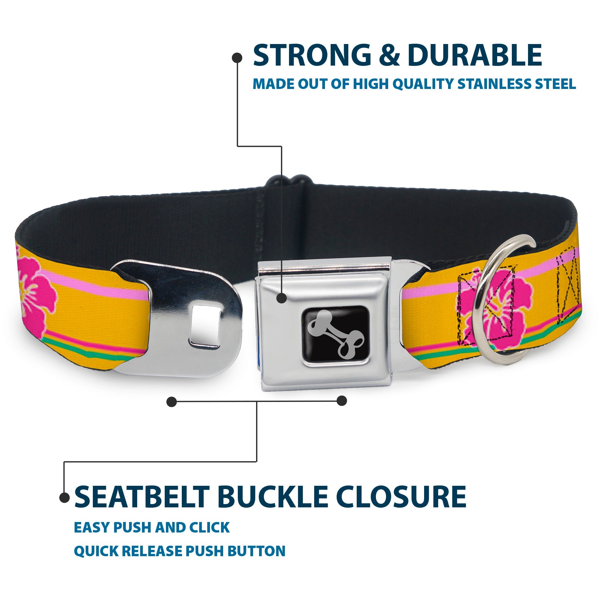 Dog Bone Seatbelt Buckle Collar - Hibiscus w/Stripes Gold/Multi Pastel