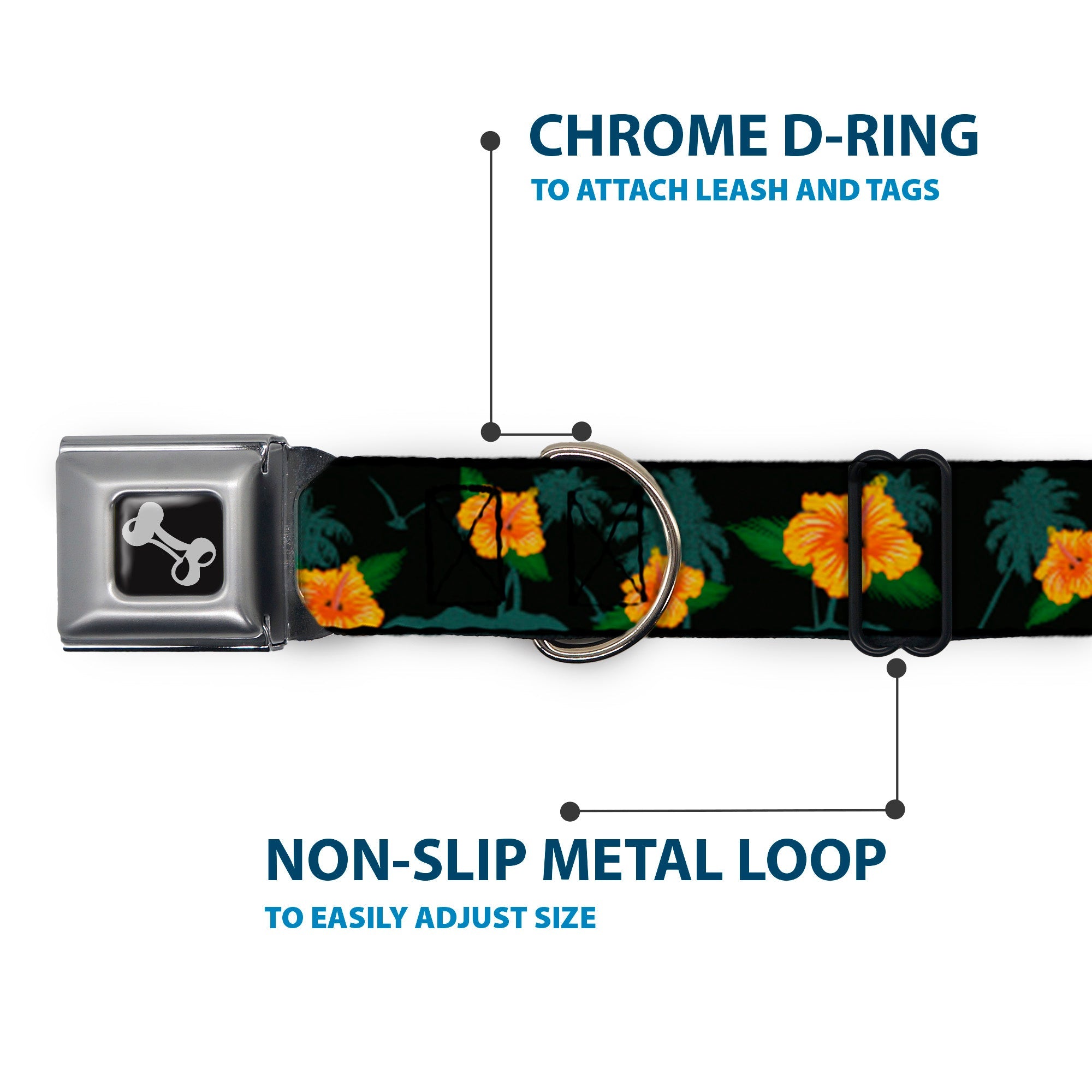 Dog Bone Seatbelt Buckle Collar - Hibiscus Flowers Black/Green/Orange