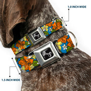 Dog Bone Seatbelt Buckle Collar - Hibiscus Collage Blue/Orange/Yellow