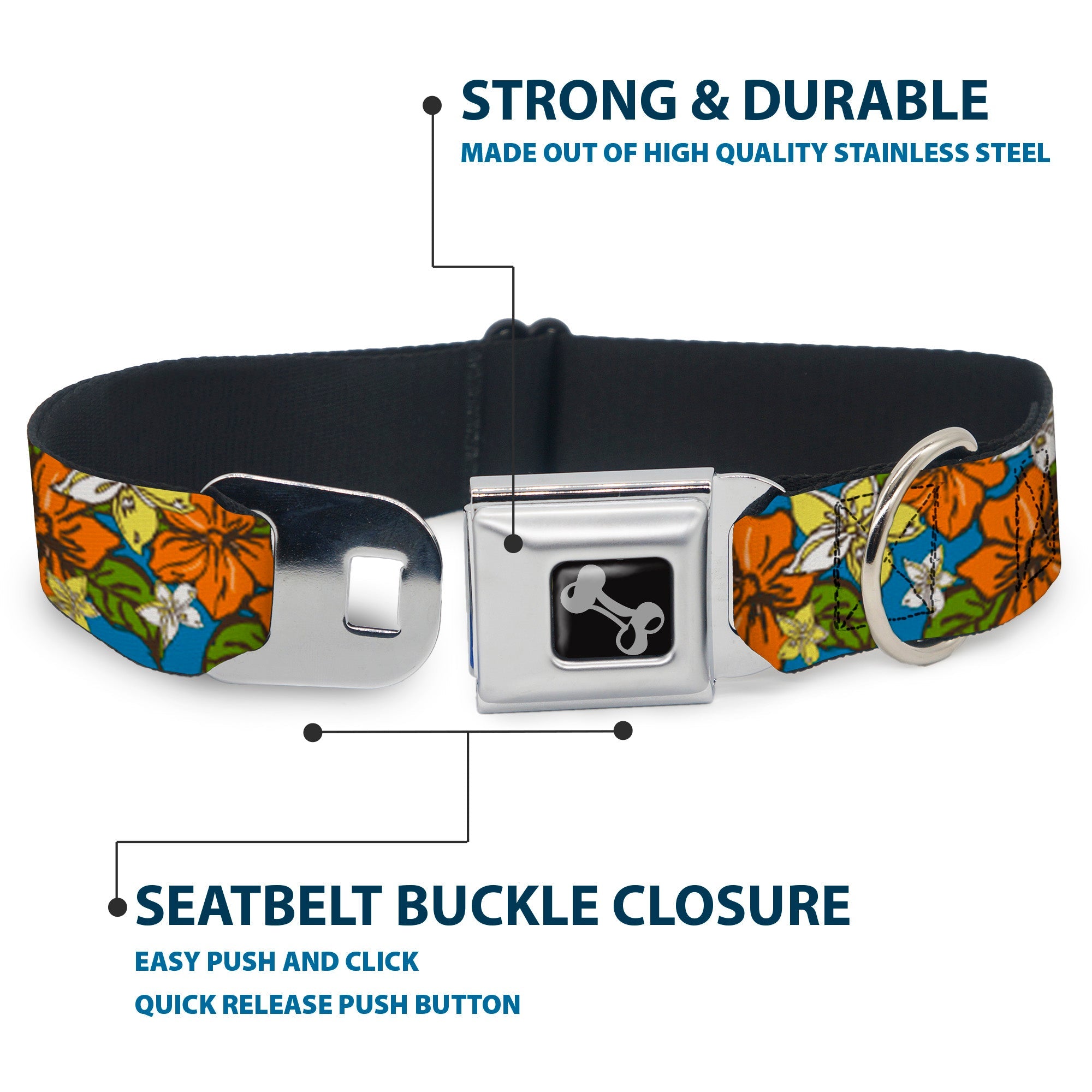 Dog Bone Seatbelt Buckle Collar - Hibiscus Collage Blue/Orange/Yellow