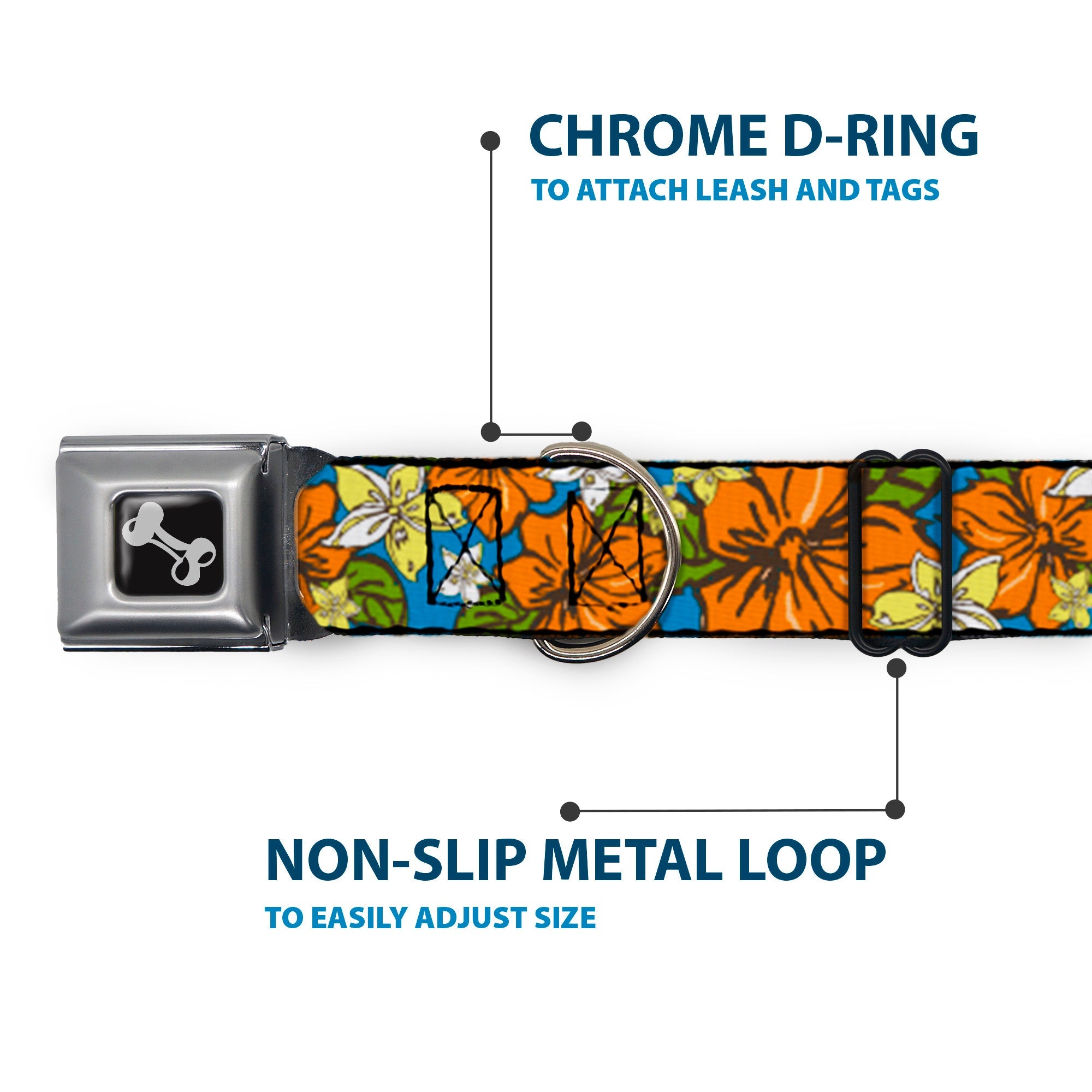 Dog Bone Seatbelt Buckle Collar - Hibiscus Collage Blue/Orange/Yellow