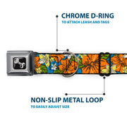 Dog Bone Seatbelt Buckle Collar - Hibiscus Collage Blue/Orange/Yellow
