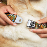 Dog Bone Seatbelt Buckle Collar - Hibiscus Collage Blue/Orange/Yellow